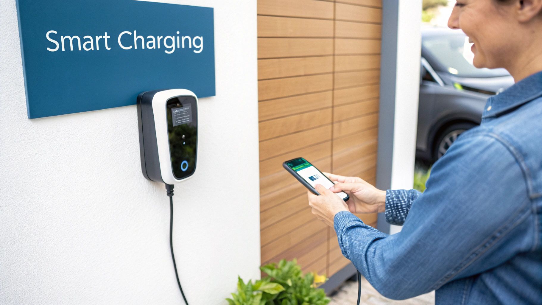 a woman controlling a smart charger with her mobile phone