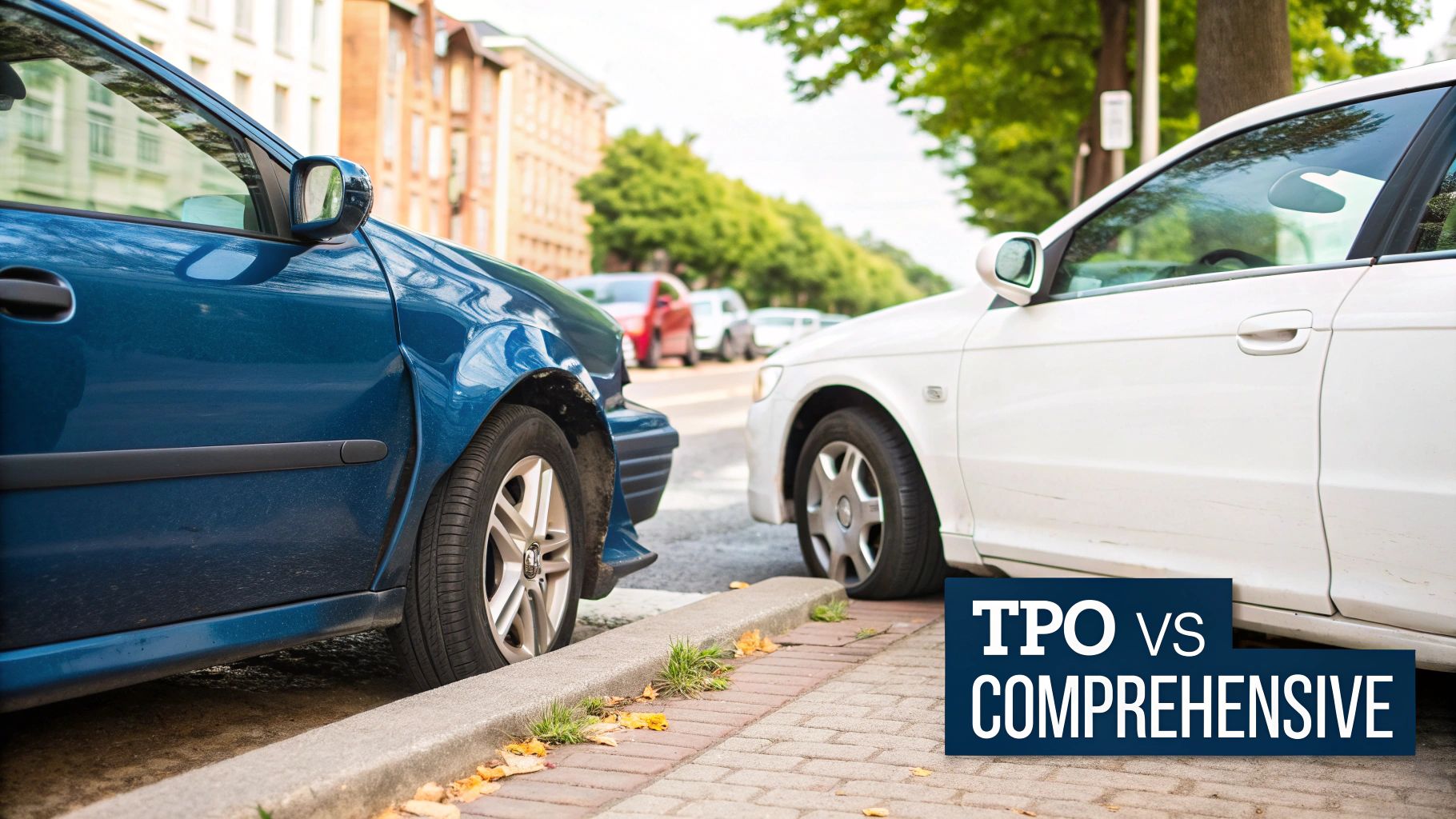Blue and white cars crashed, parked on street curb; text 