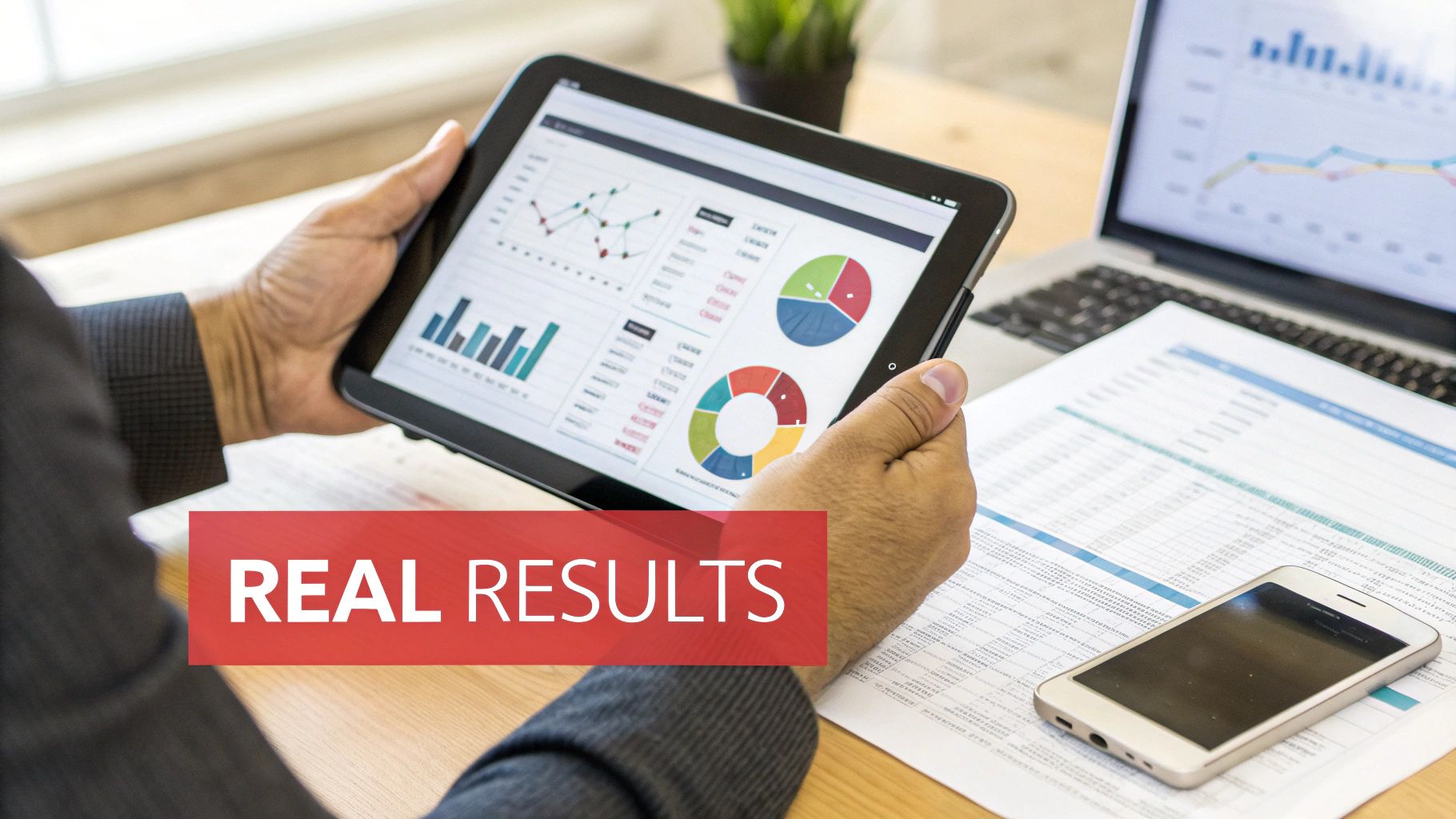 Person holding a tablet displaying charts and graphs, with a laptop and phone nearby, labeled 