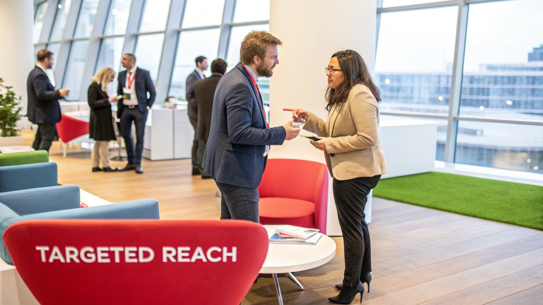 businessmen and women in a room chatting with a targeted reach sign