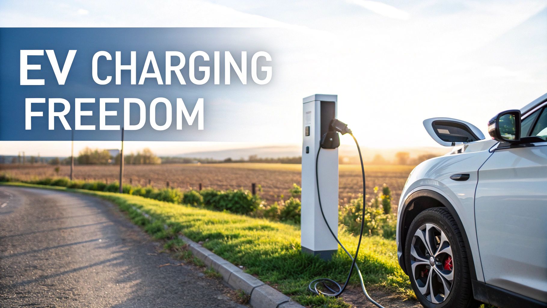 white car and white ev charger on a grass verge