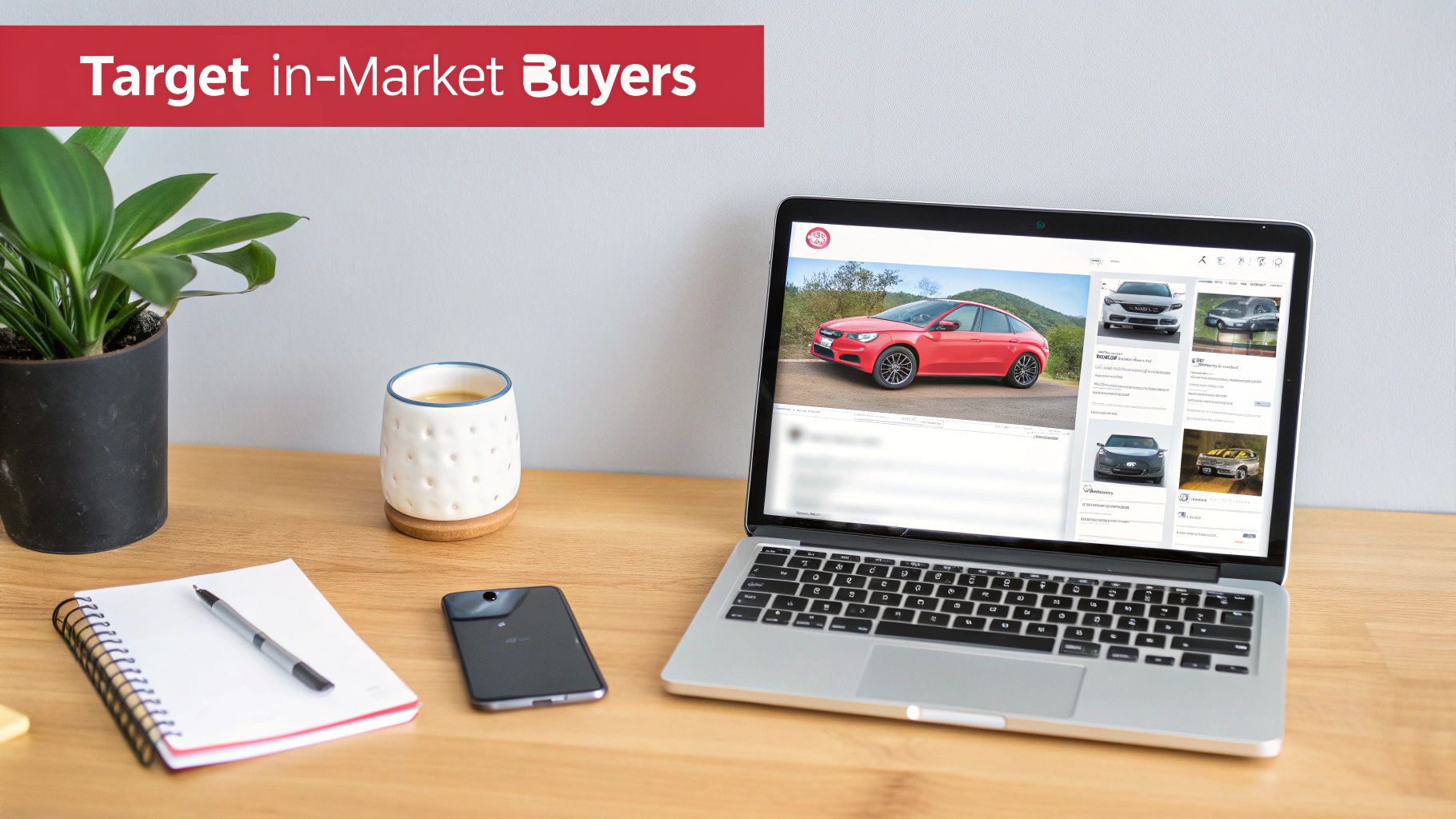 laptop on a desk with a mug, phone and notebook and plant next to it
