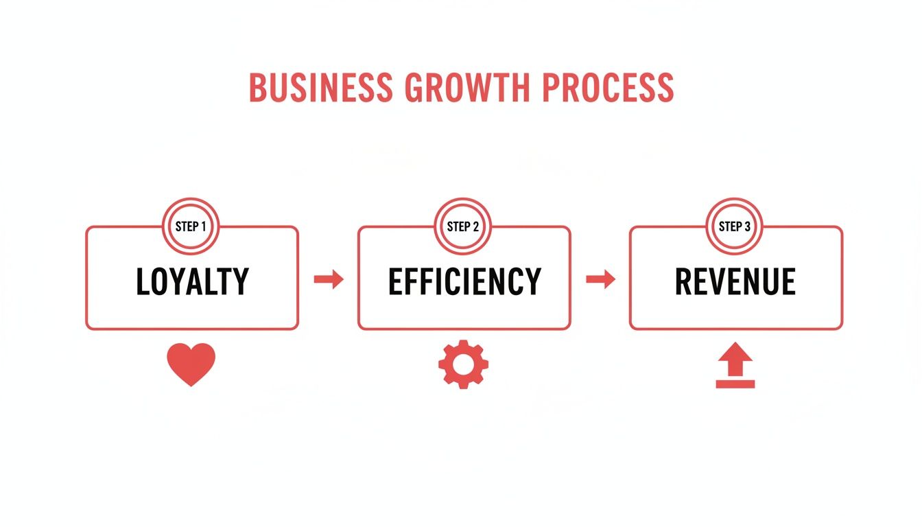 Business growth process: Loyalty, Efficiency, Revenue steps. Arrows show progression. Red text and icons.
