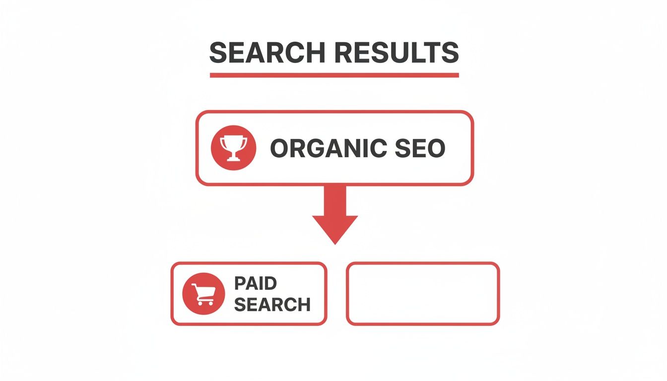 Diagram showing search results: Organic SEO leads to Paid Search.