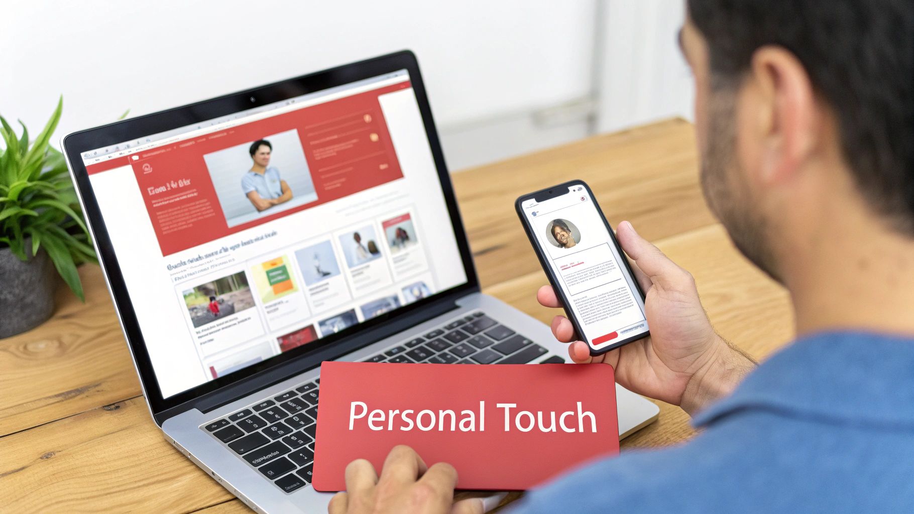 Man using laptop and phone with 