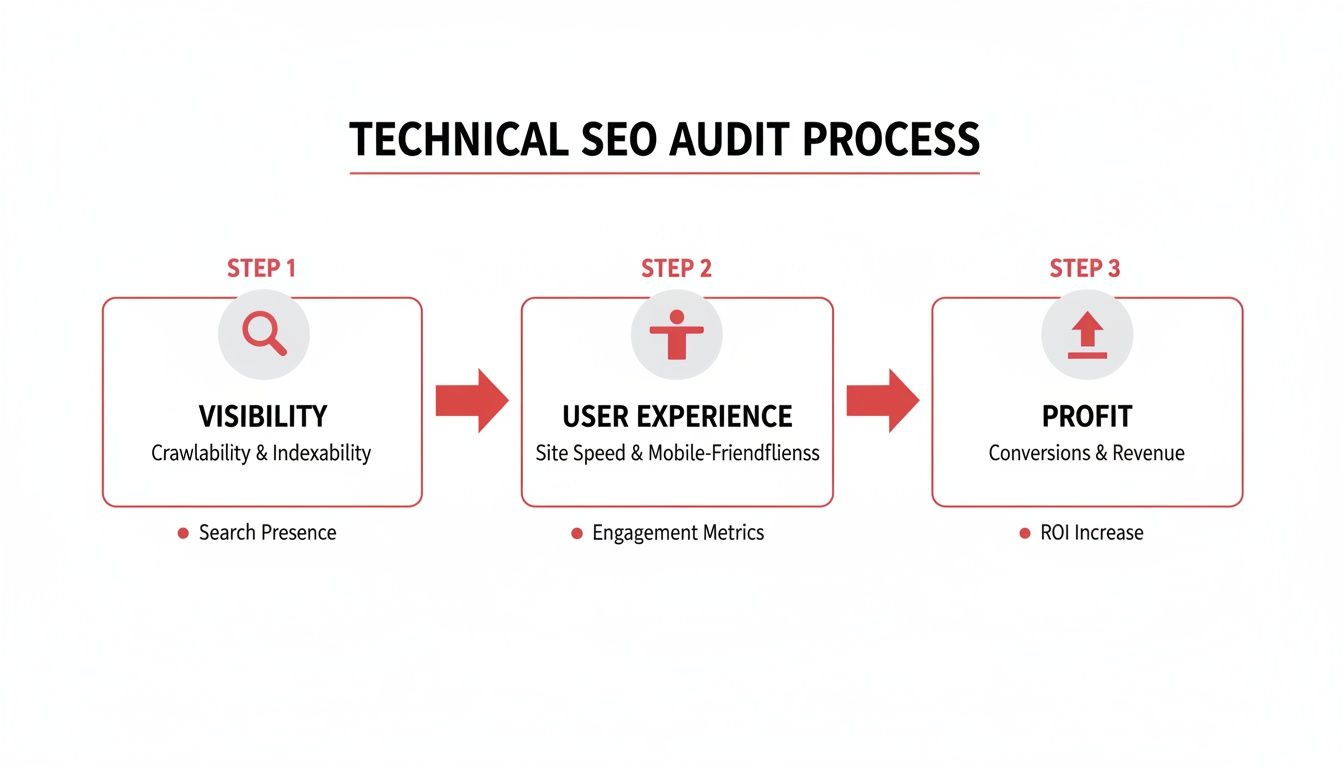 Technical SEO audit process diagram: Visibility, User Experience, and Profit in a three-step flow chart with red arrows.