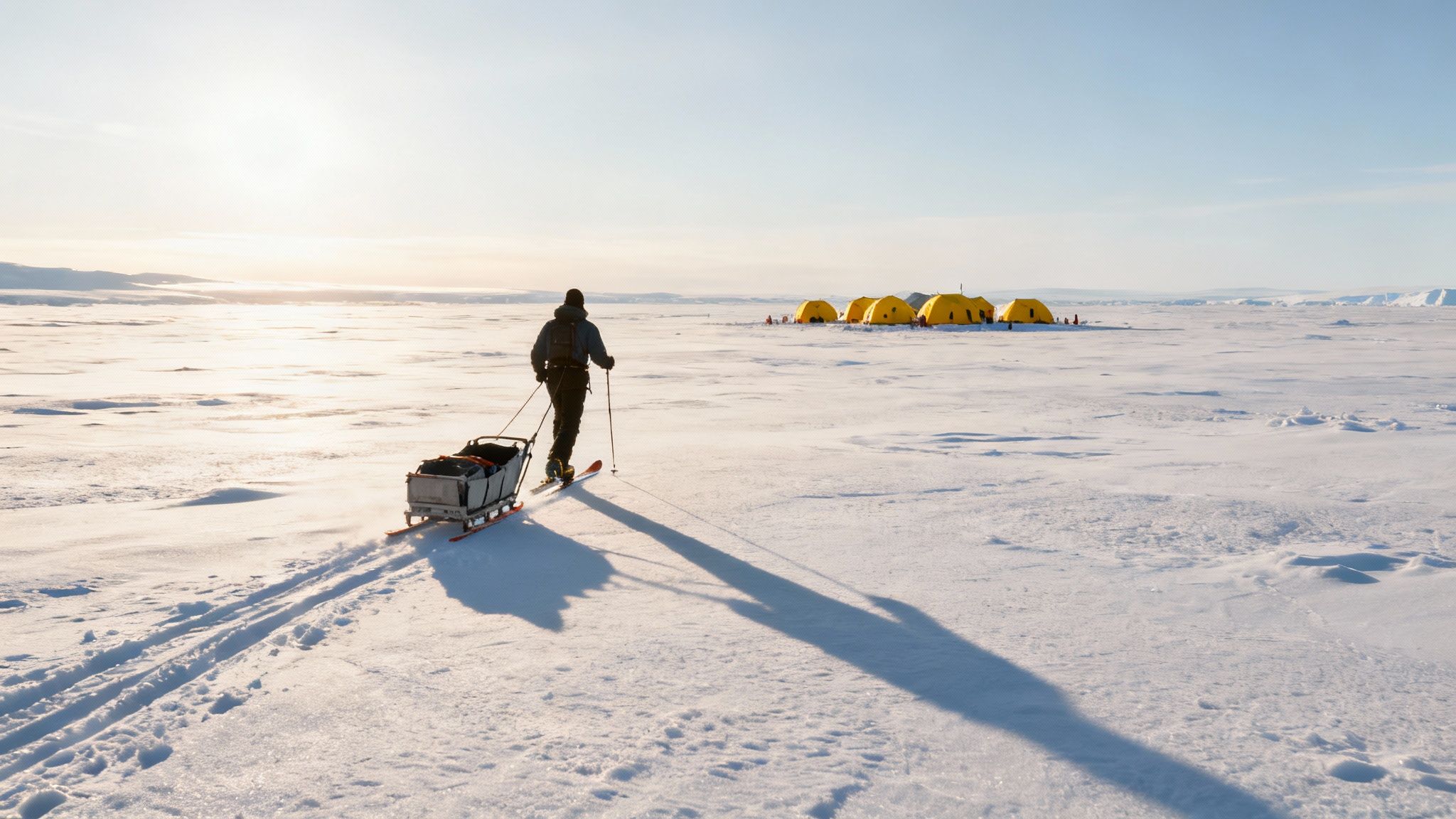 Person on skis pulls a sled across a snowy plain toward yellow tents under a bright sun.