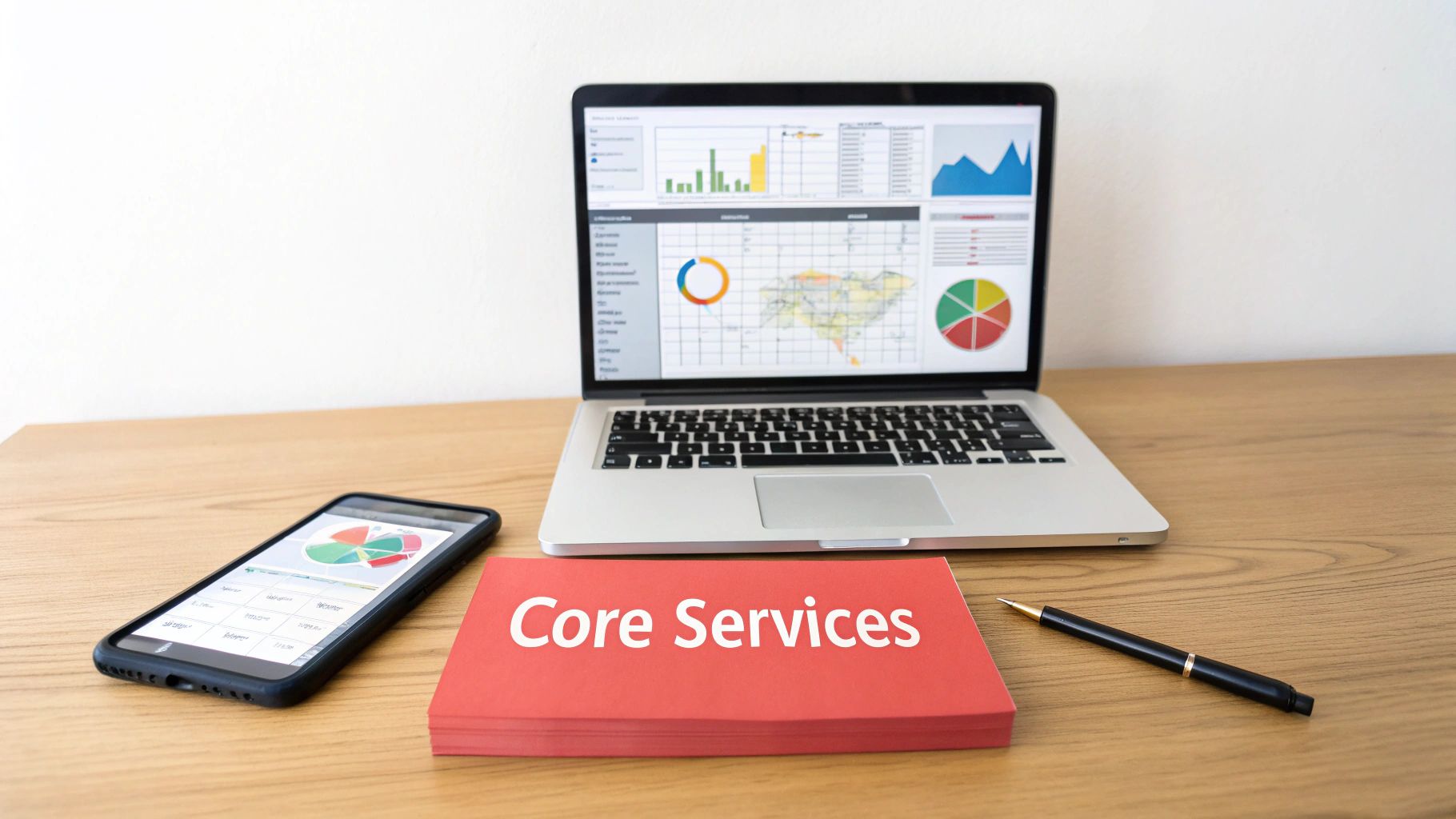 Laptop, smartphone, and notebook with graphs, next to a pen, on a wood desk; text on notebook reads 
