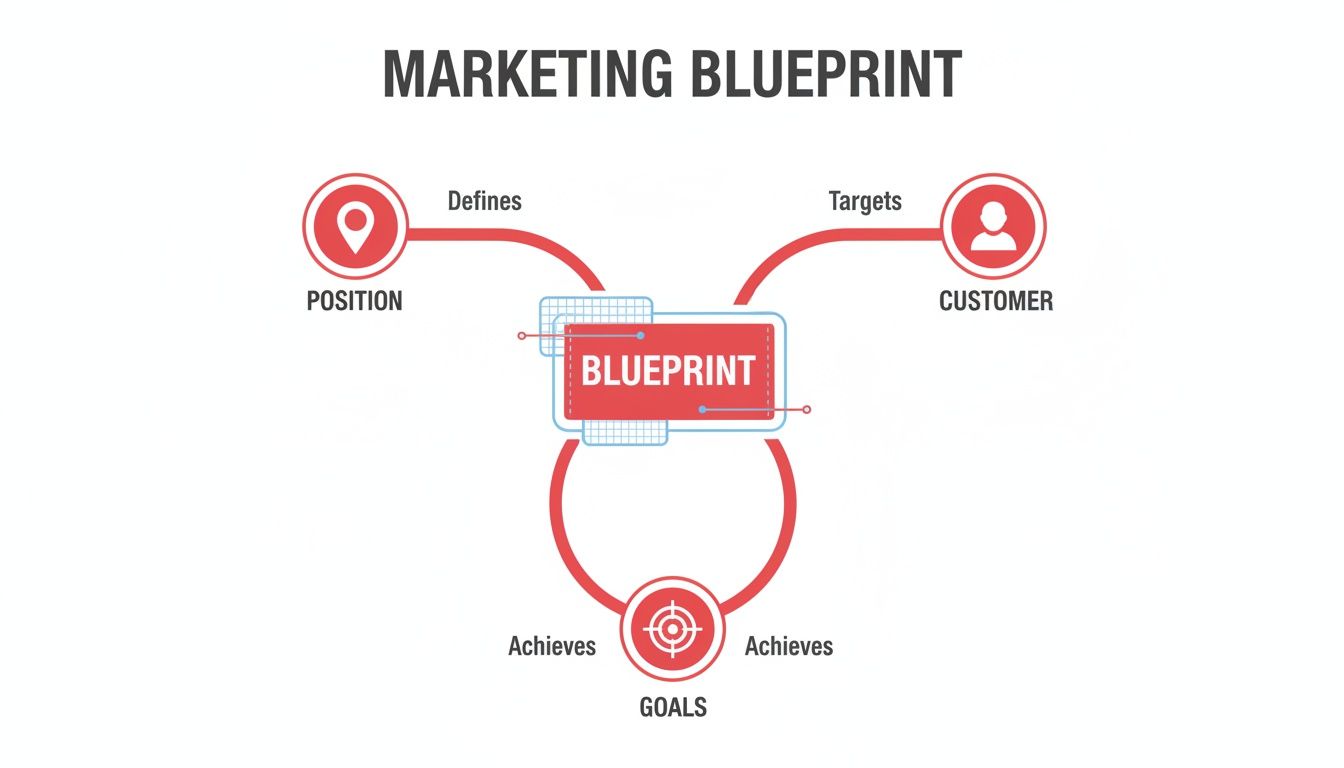 Marketing blueprint graphic: defines position, targets customers, and achieves goals.