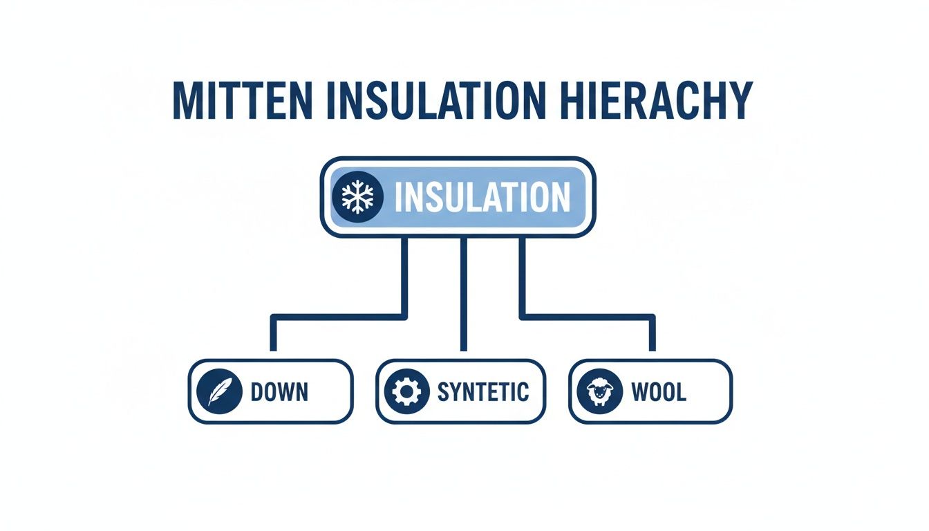 Mitten insulation hierarchy: Down, synthetic, and wool branch from 