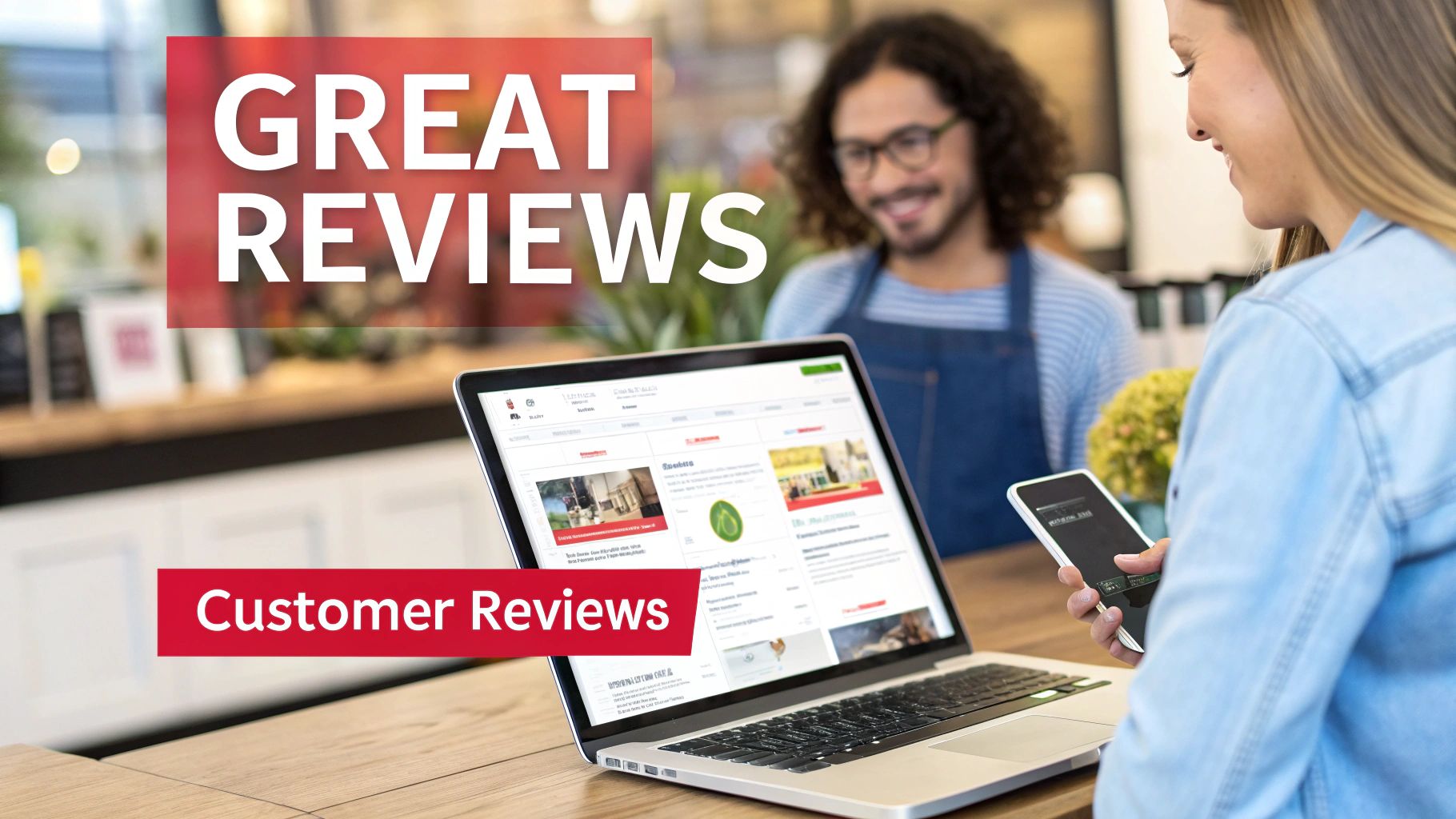 woman sat at a laptop and holding her phone