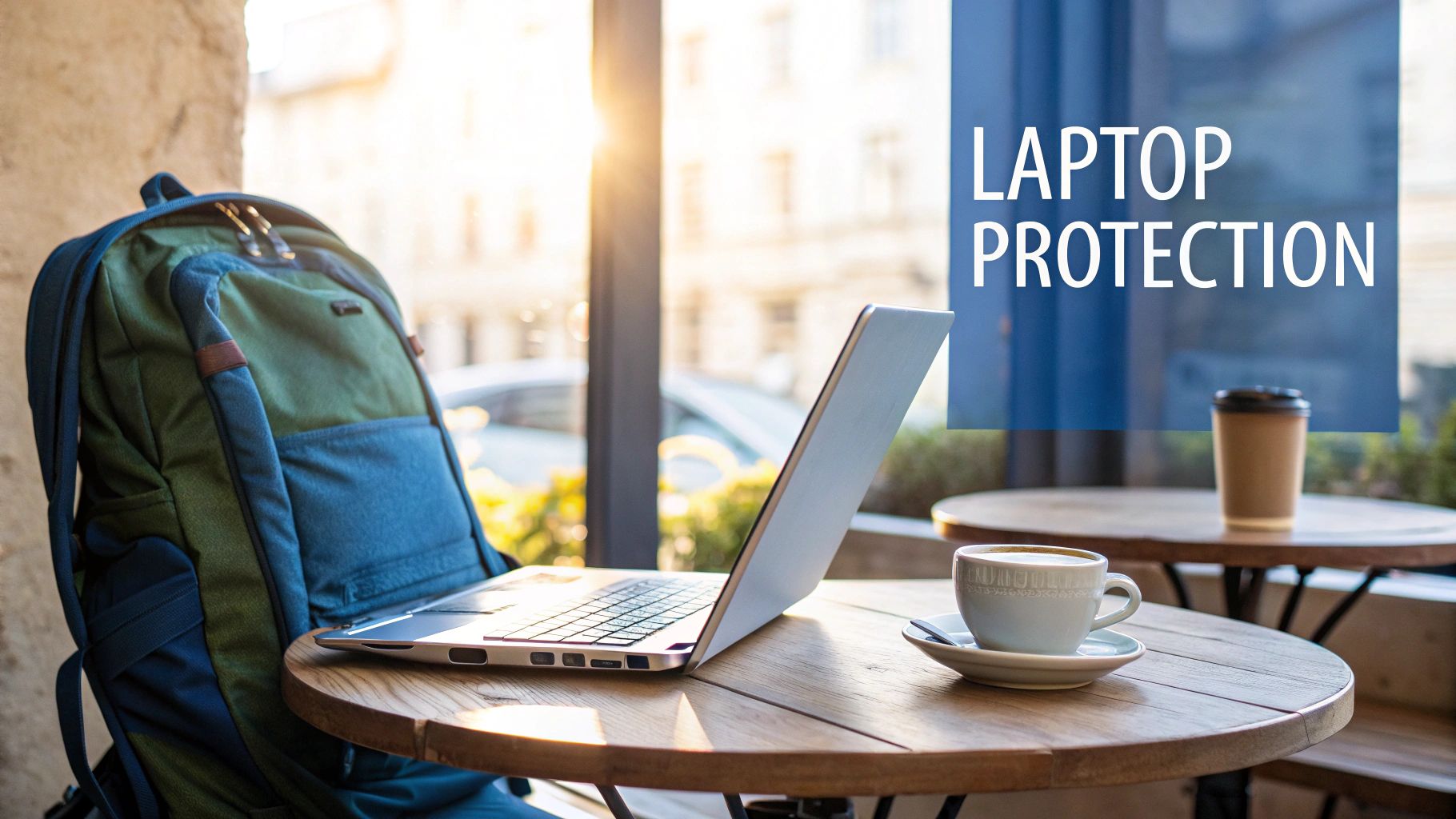 Laptop on a cafe table next to a backpack. Coffee cup sits beside the laptop. 