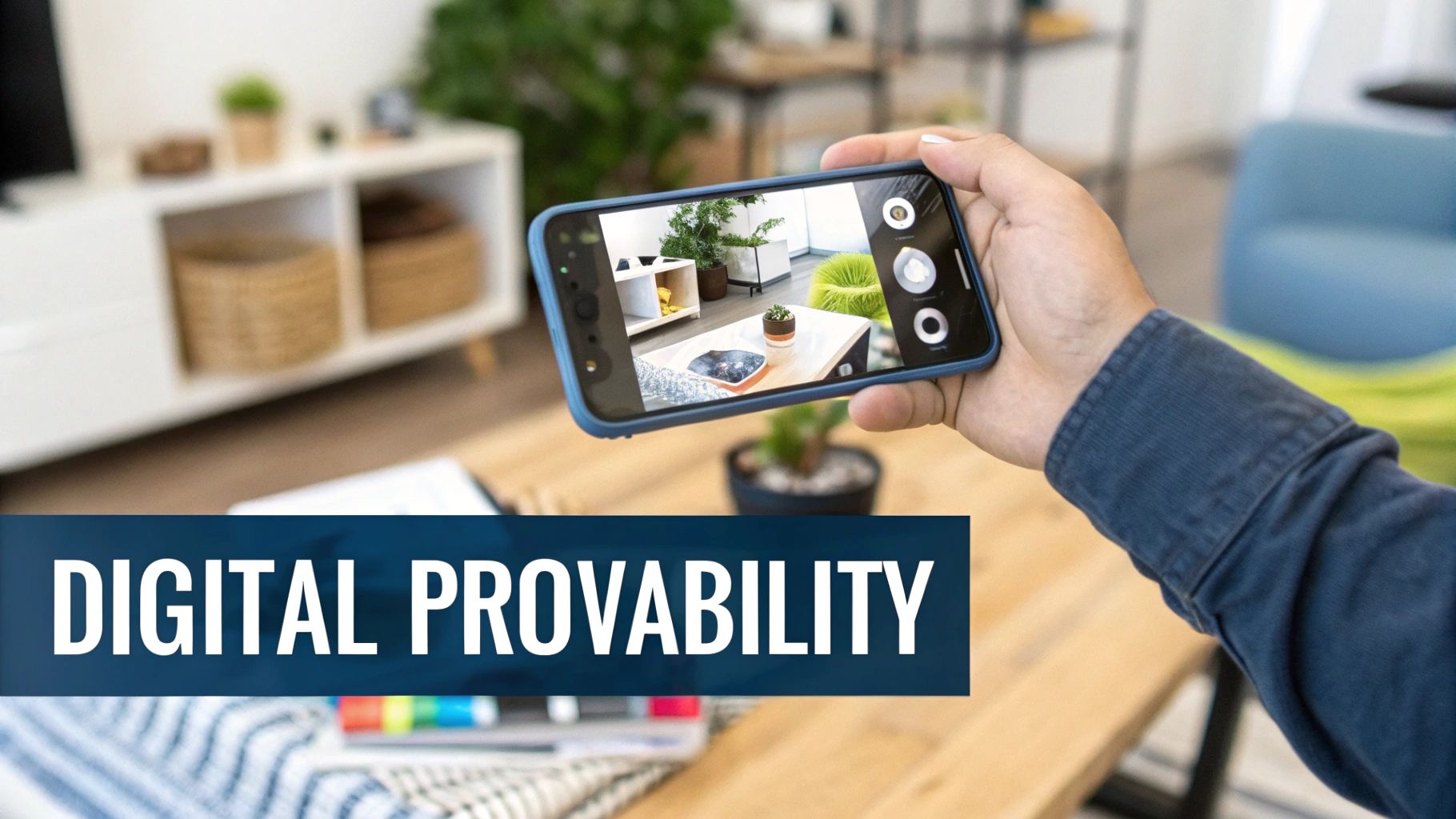 Person holding a smartphone taking a photo of a living room. Text reads 