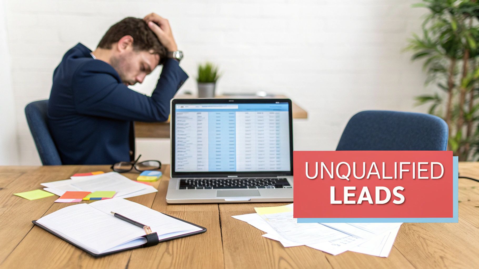 Man stressed at desk with laptop displaying data, text “UNQUALIFIED LEADS”.