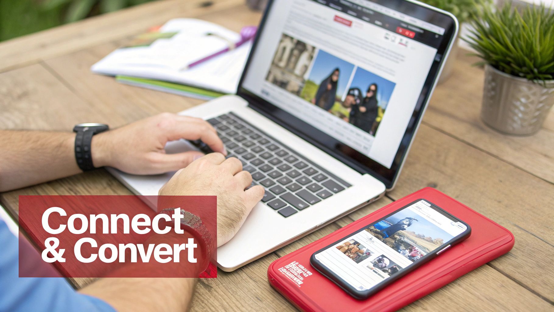 Person typing on laptop, phone next to it. Red 