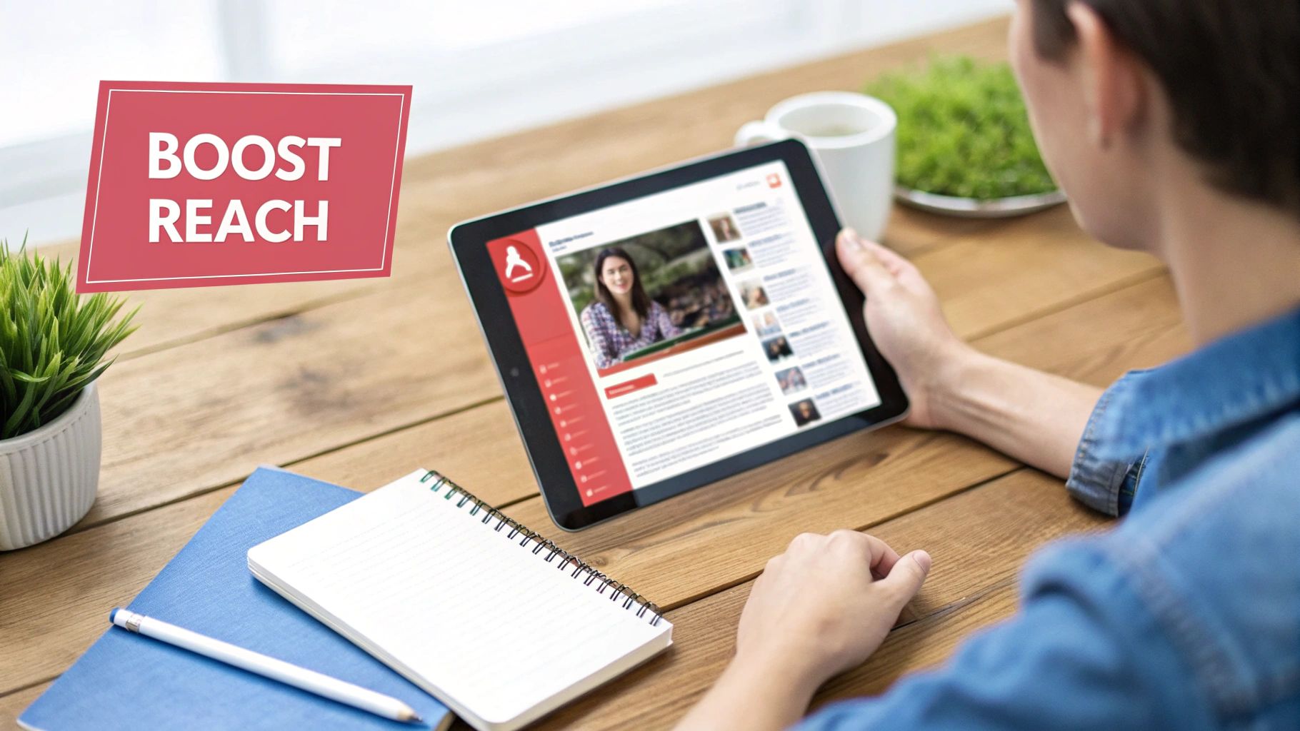 Person using a tablet, browsing a website. 