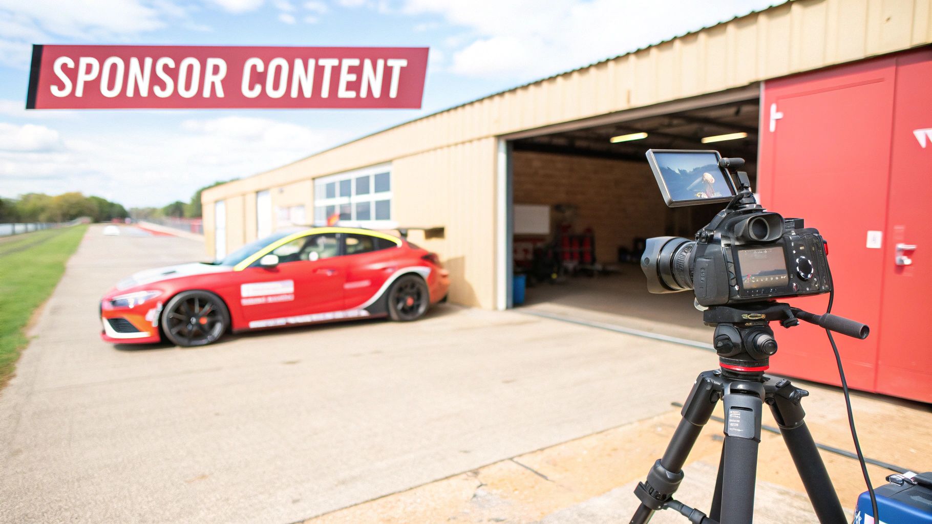A red sports car parked near a garage with a camera on a tripod set up to film.