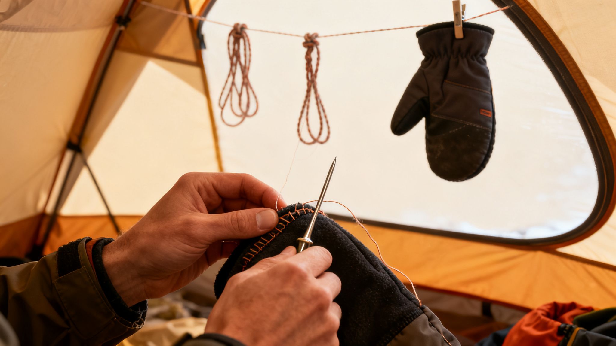 Person knitting inside a tent; mittens dry on a line above.