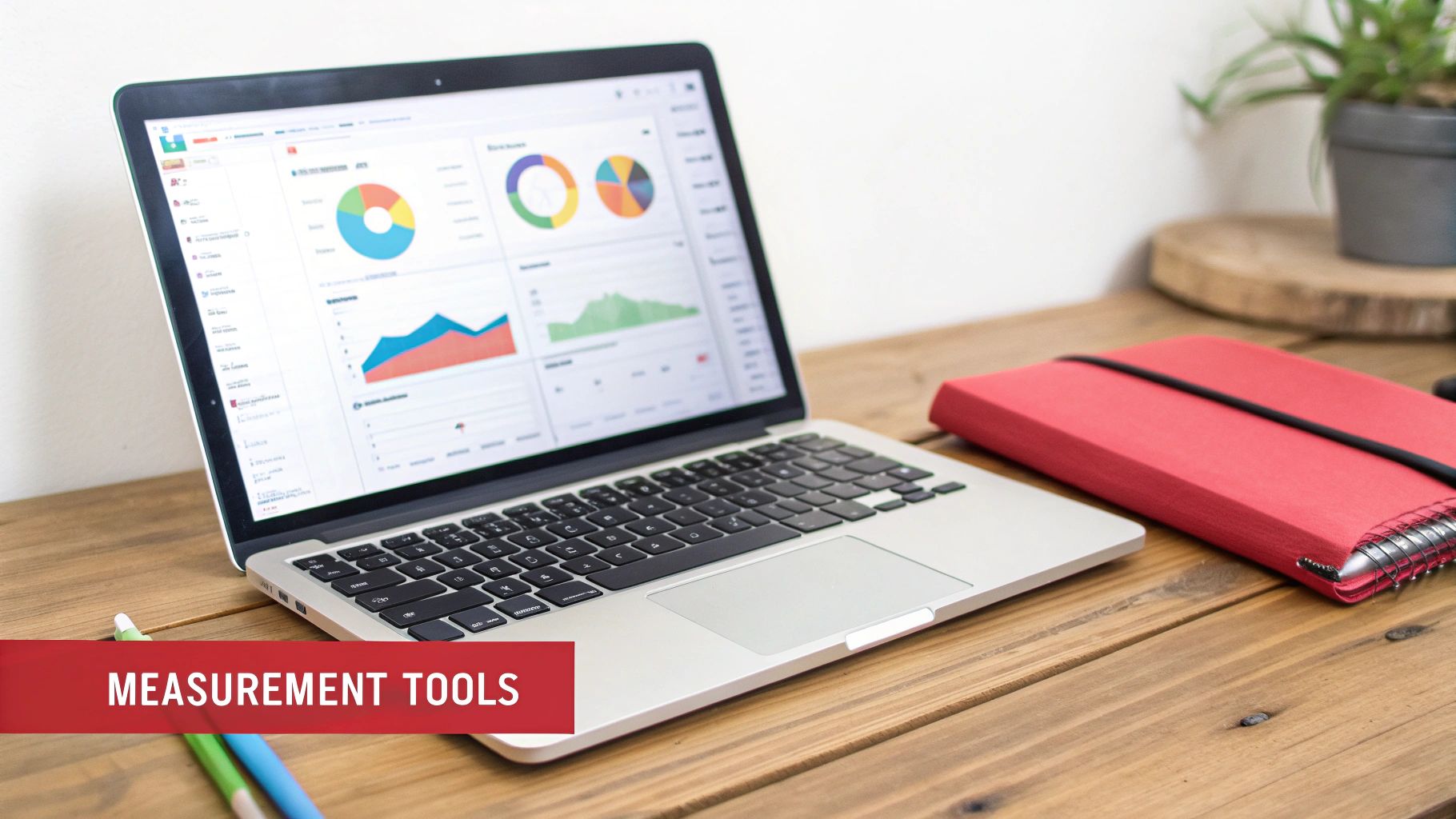 Laptop displaying charts on a wooden desk with a notebook and a plant. Text: Measurement Tools.
