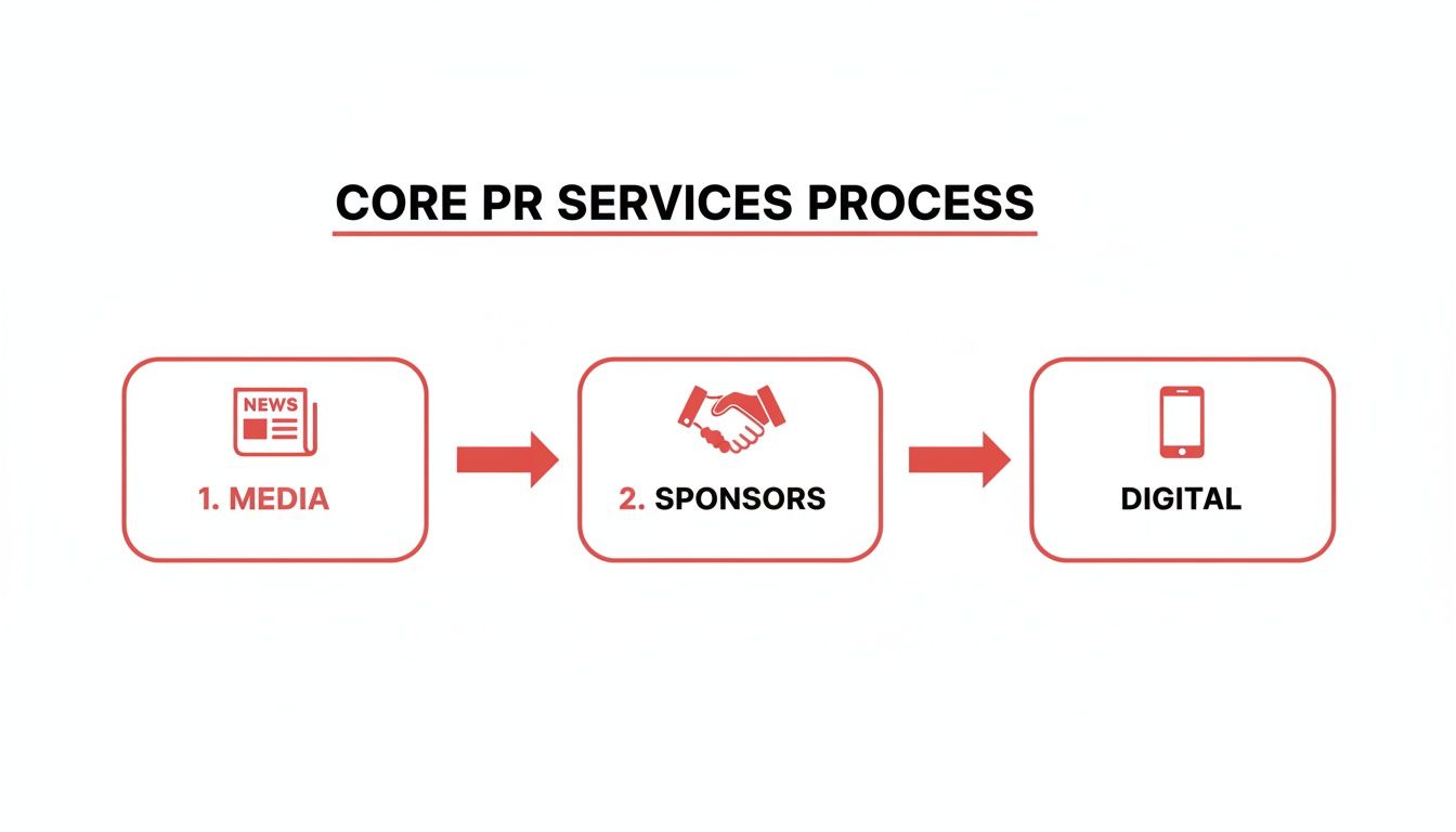 Core PR services process: media, sponsors (handshake), digital (phone). Red text/arrows, white background.