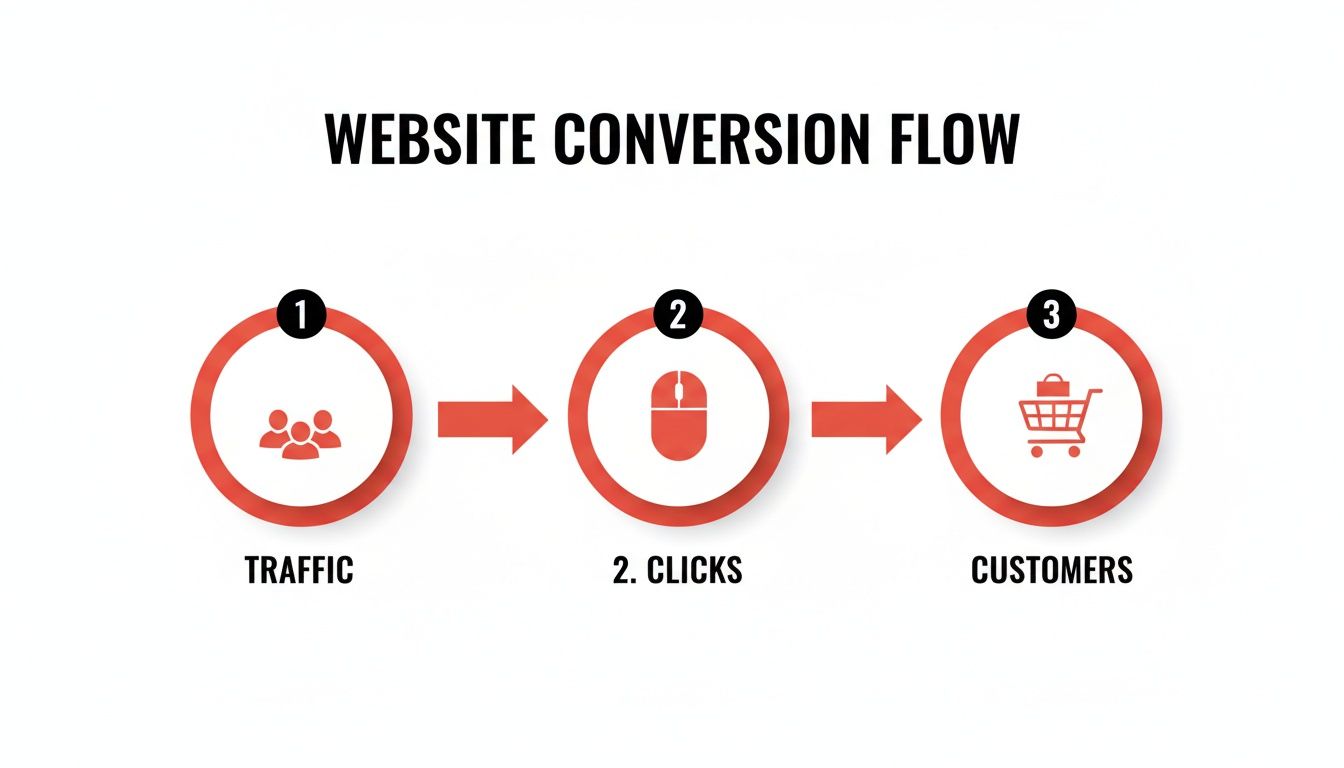 Website conversion flow: Traffic, 2 clicks, customers, in a circular progression.