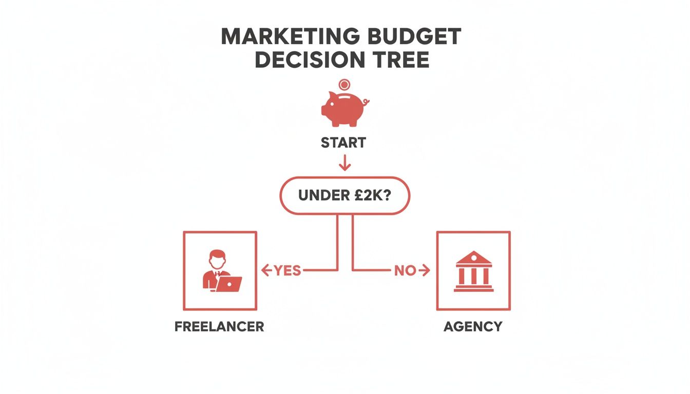 Decision tree: Marketing budget. Under £2K? Yes: Freelancer. No: Agency. Red text and icons on white.