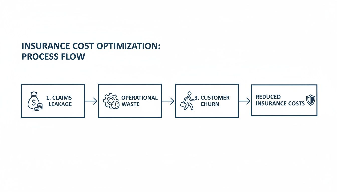 Process flow: Claims leakage, operational waste, customer churn lead to reduced insurance costs.
