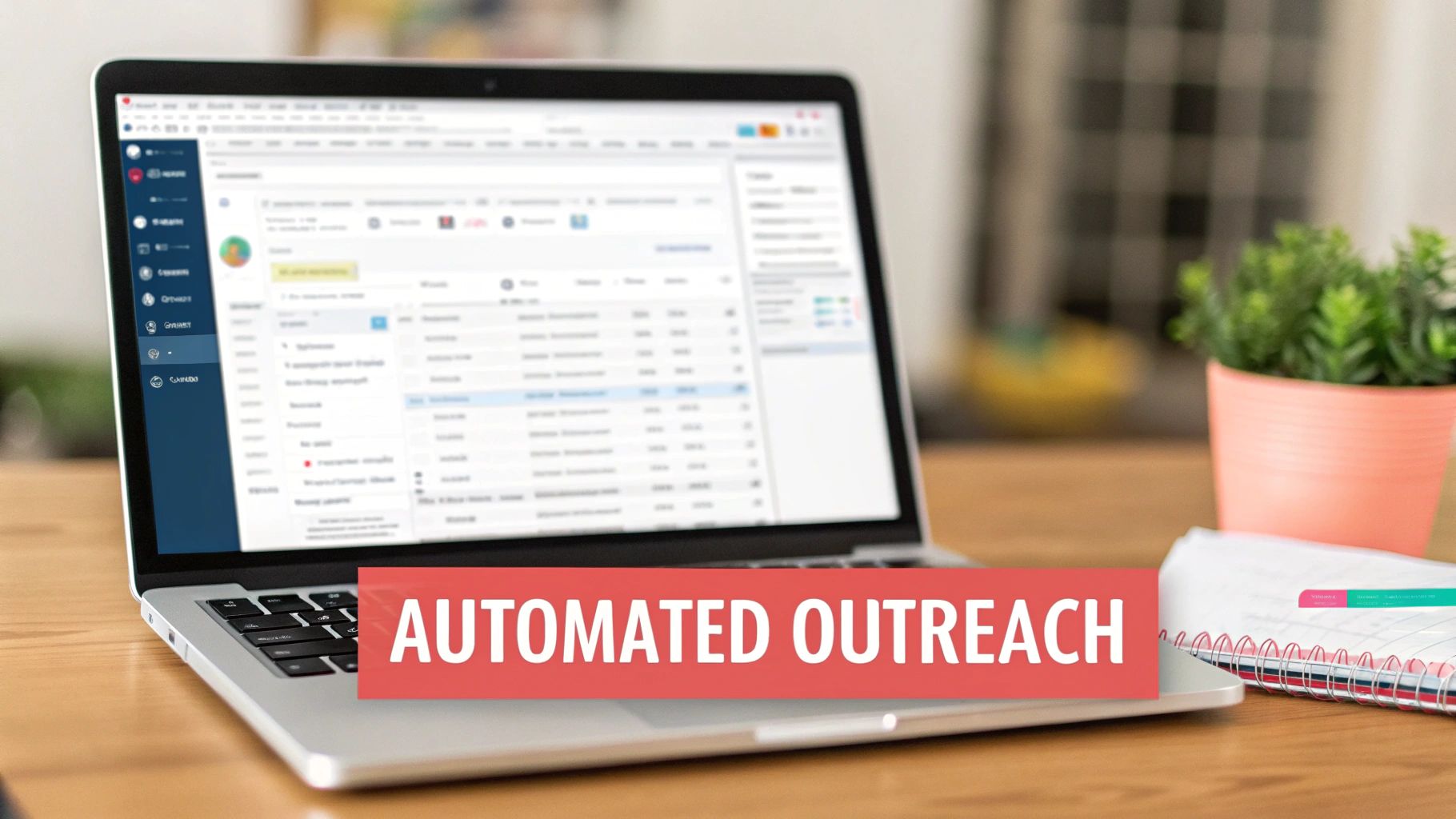 Laptop displaying automated outreach software, with text overlay on a desk.