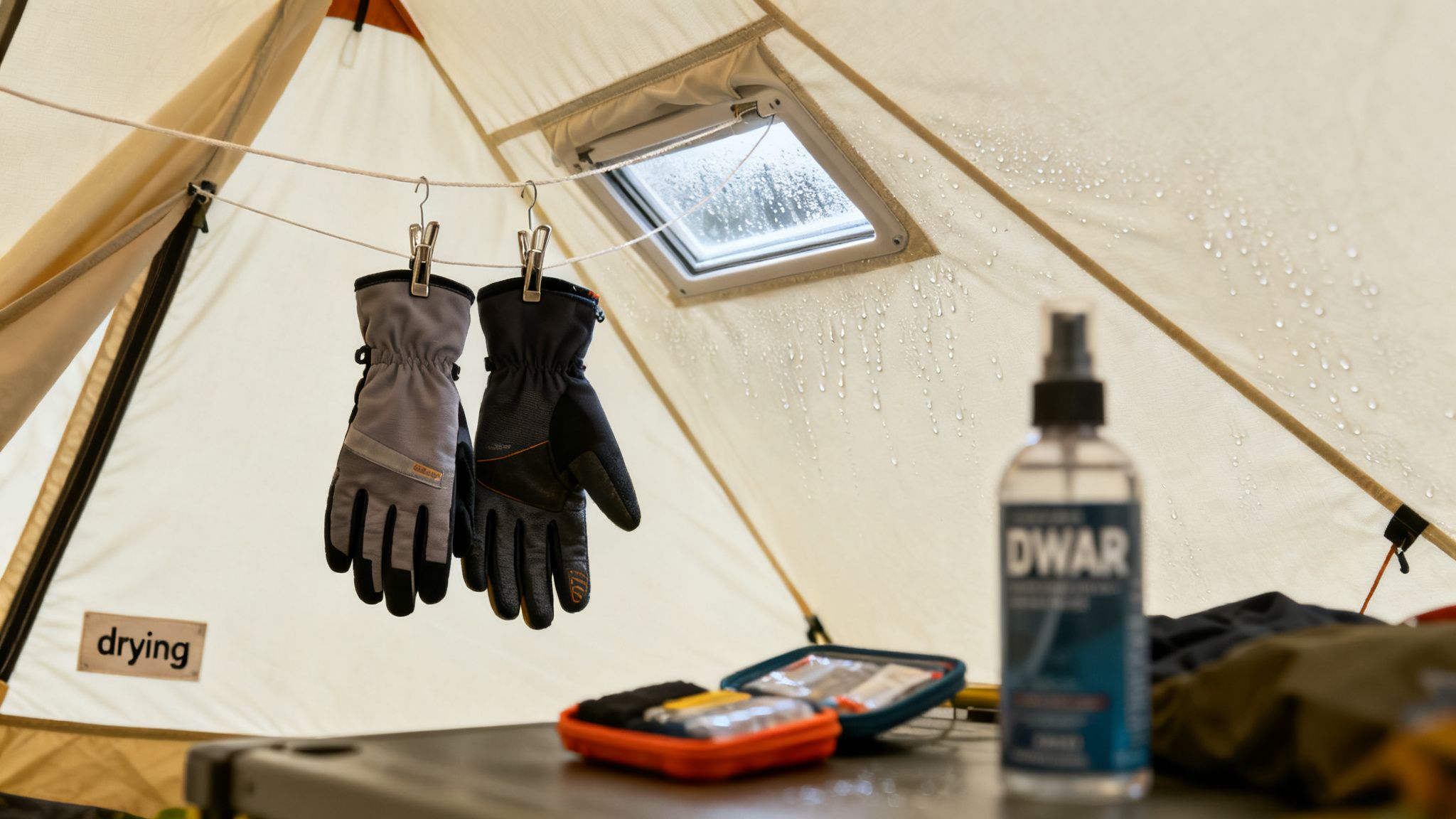 Inside a tent, gloves dry on a line. A spray bottle and a first-aid kit sit on a table.