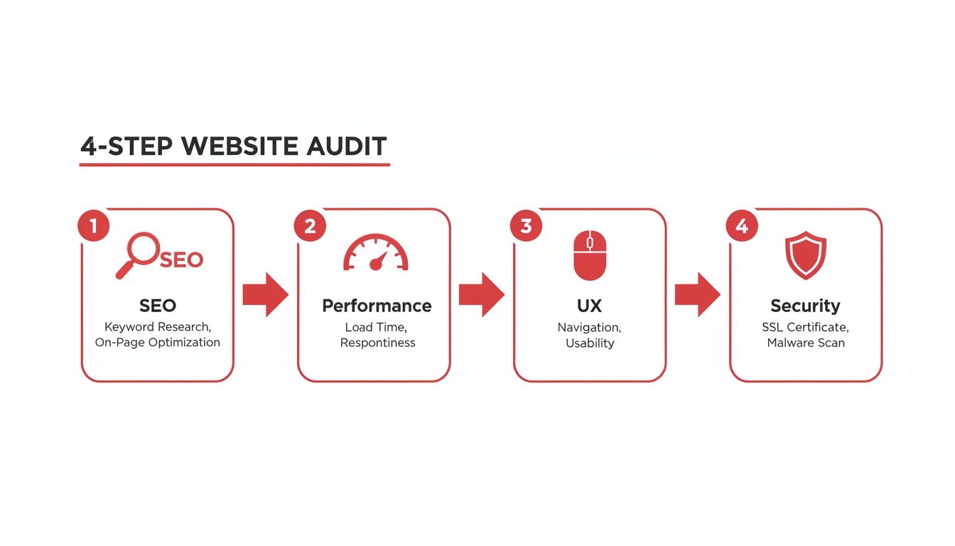 4-step website audit diagram: SEO, Performance, UX, and Security steps in a flow chart.
