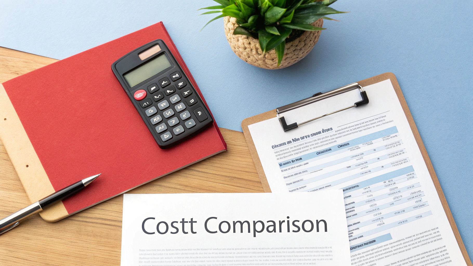 Overhead view: Calculator, pen, clipboard with form, small plant, red notebook, all on a desk. 