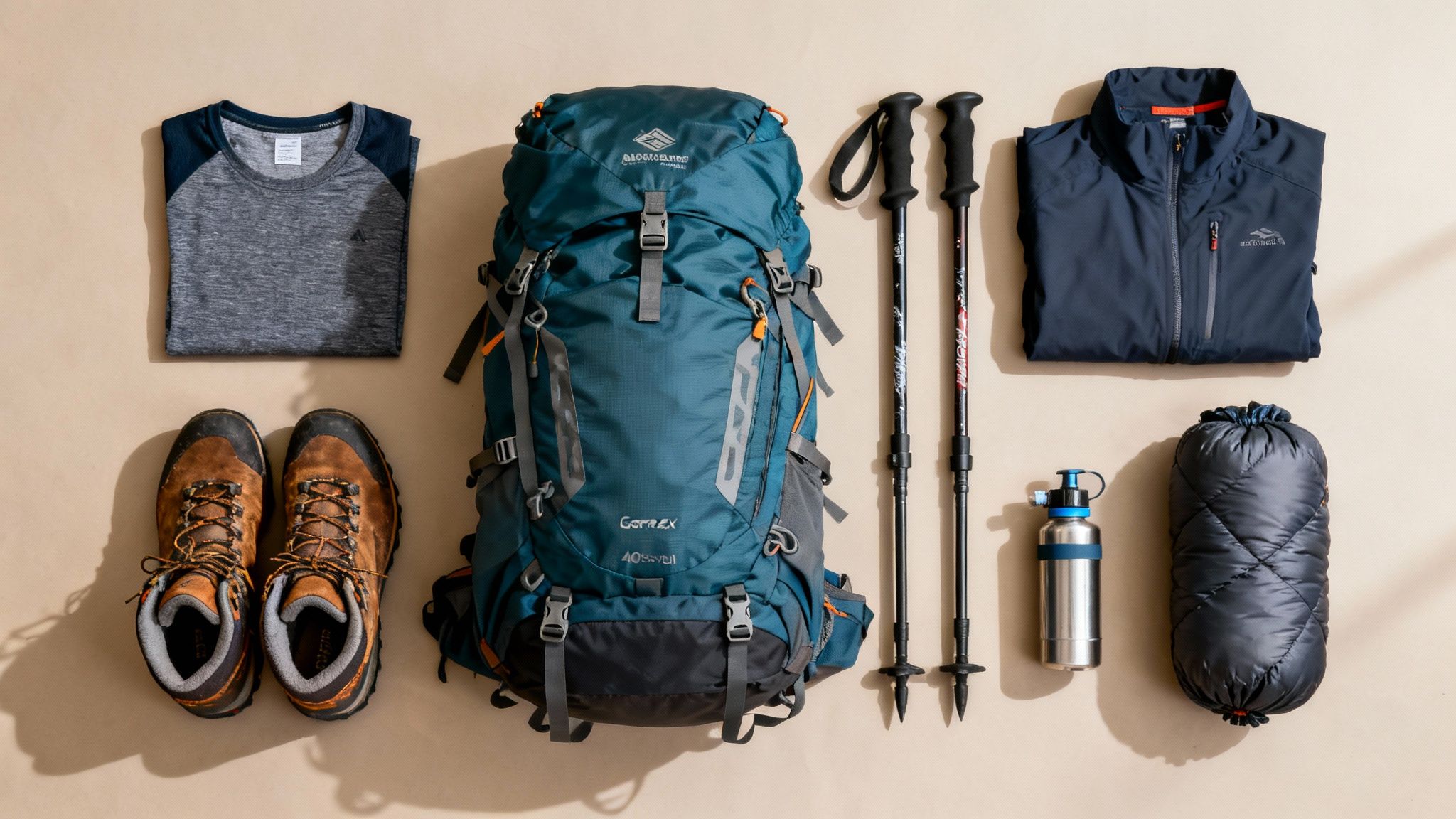 Hiking gear flat lay: backpack, hiking boots, trekking poles, jacket, shirt, water bottle, and sleeping bag.