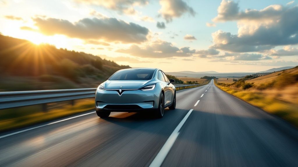 EV car on a road with sunshine and clouds