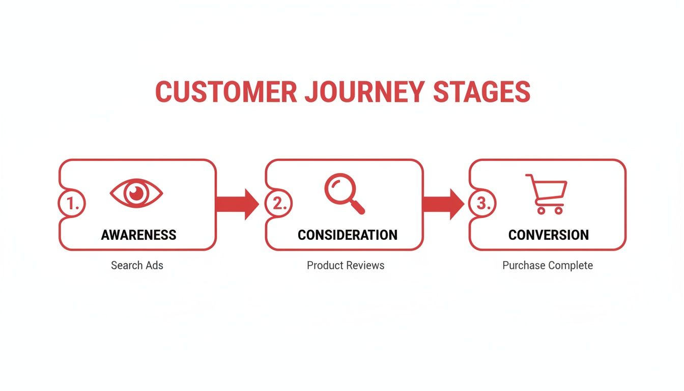Customer journey stages: awareness, consideration, and conversion; indicated by an eye, magnifying glass, and shopping cart icons, respectively.