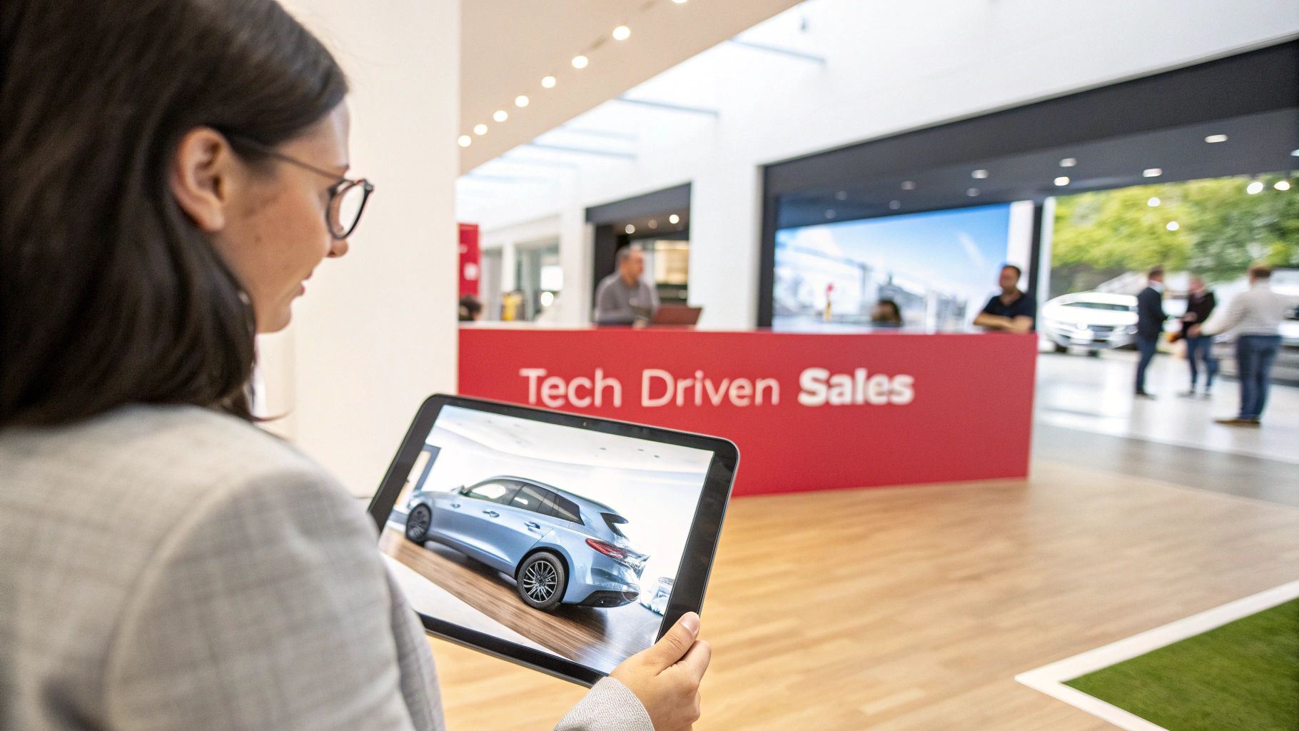 woman looking at a tablet with a light blue car on it 