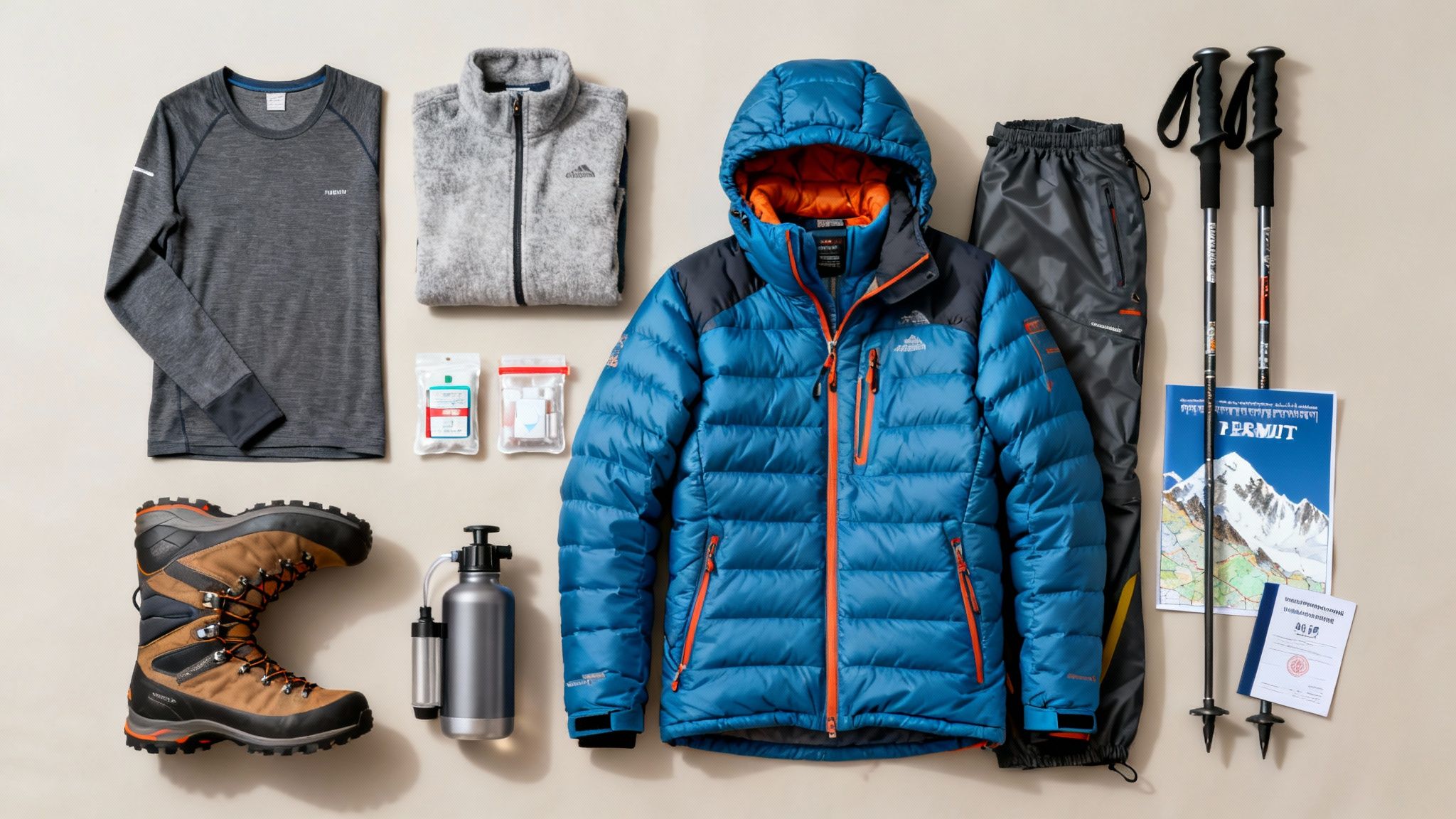 Hiking gear laid out: boots, jacket, pants, shirt, fleece, water bottles, map, and hiking poles.