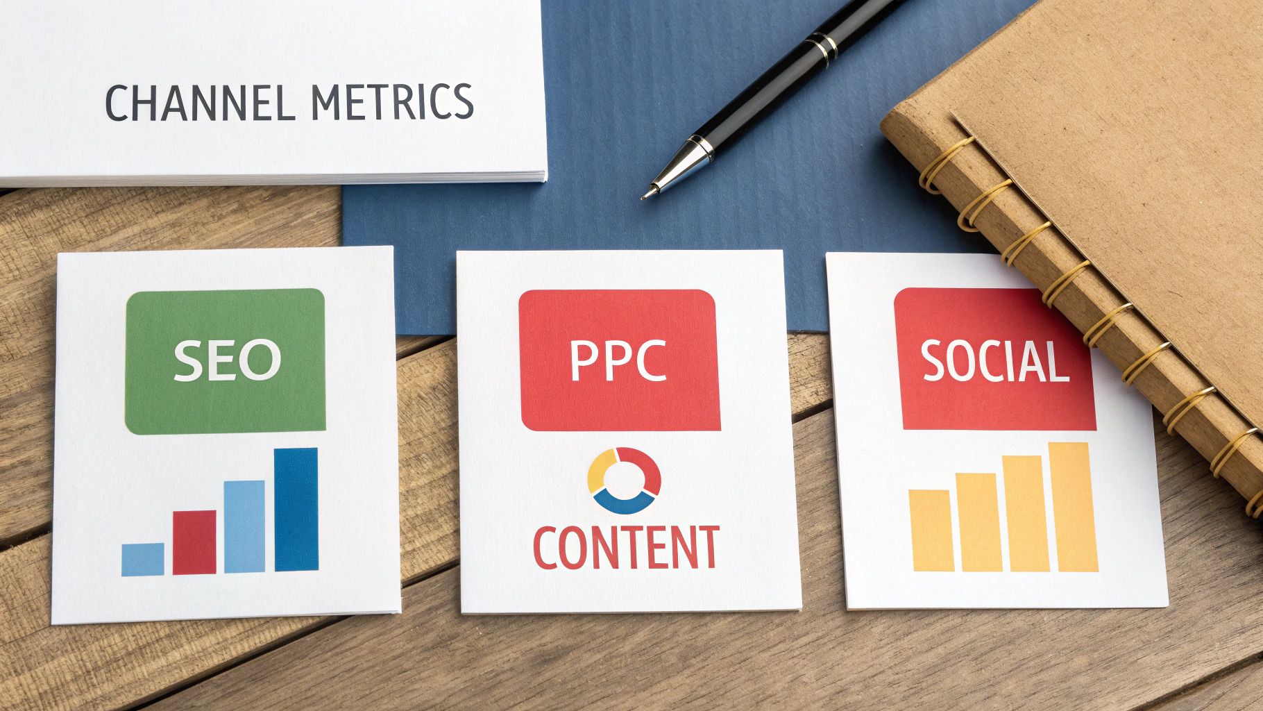 Cards labeled SEO, PPC, and Social, with charts, near notebook, pen, and 