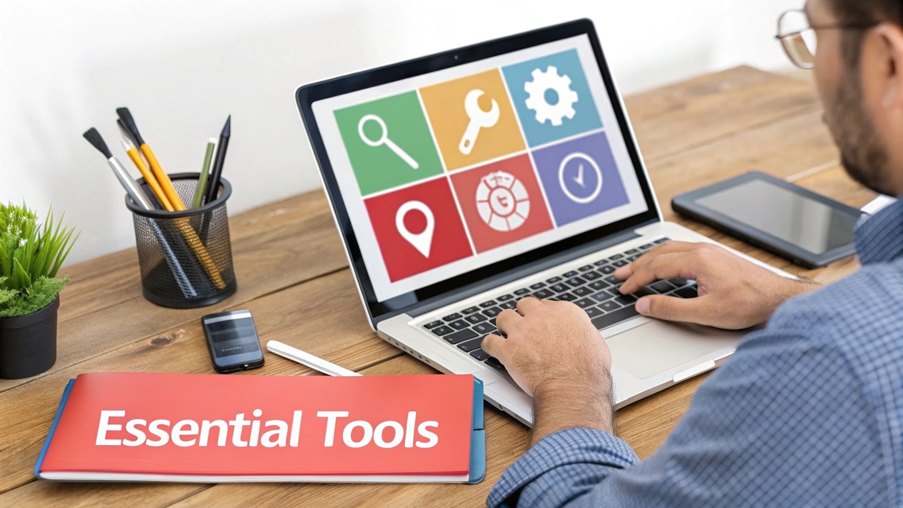 Person working on laptop with colorful icons, 