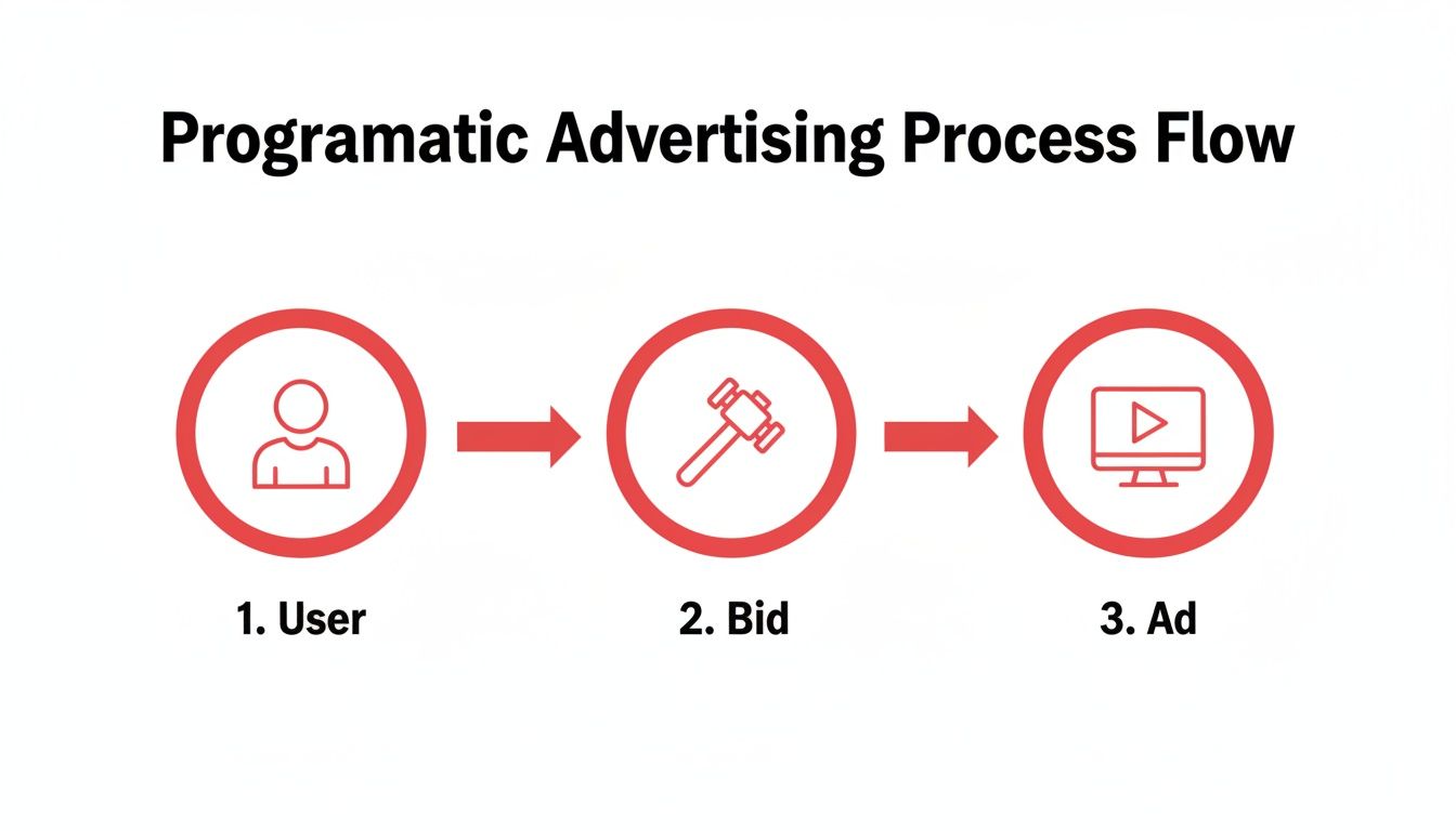 Programmatic advertising process: User initiates bid, auction, and ad placement.