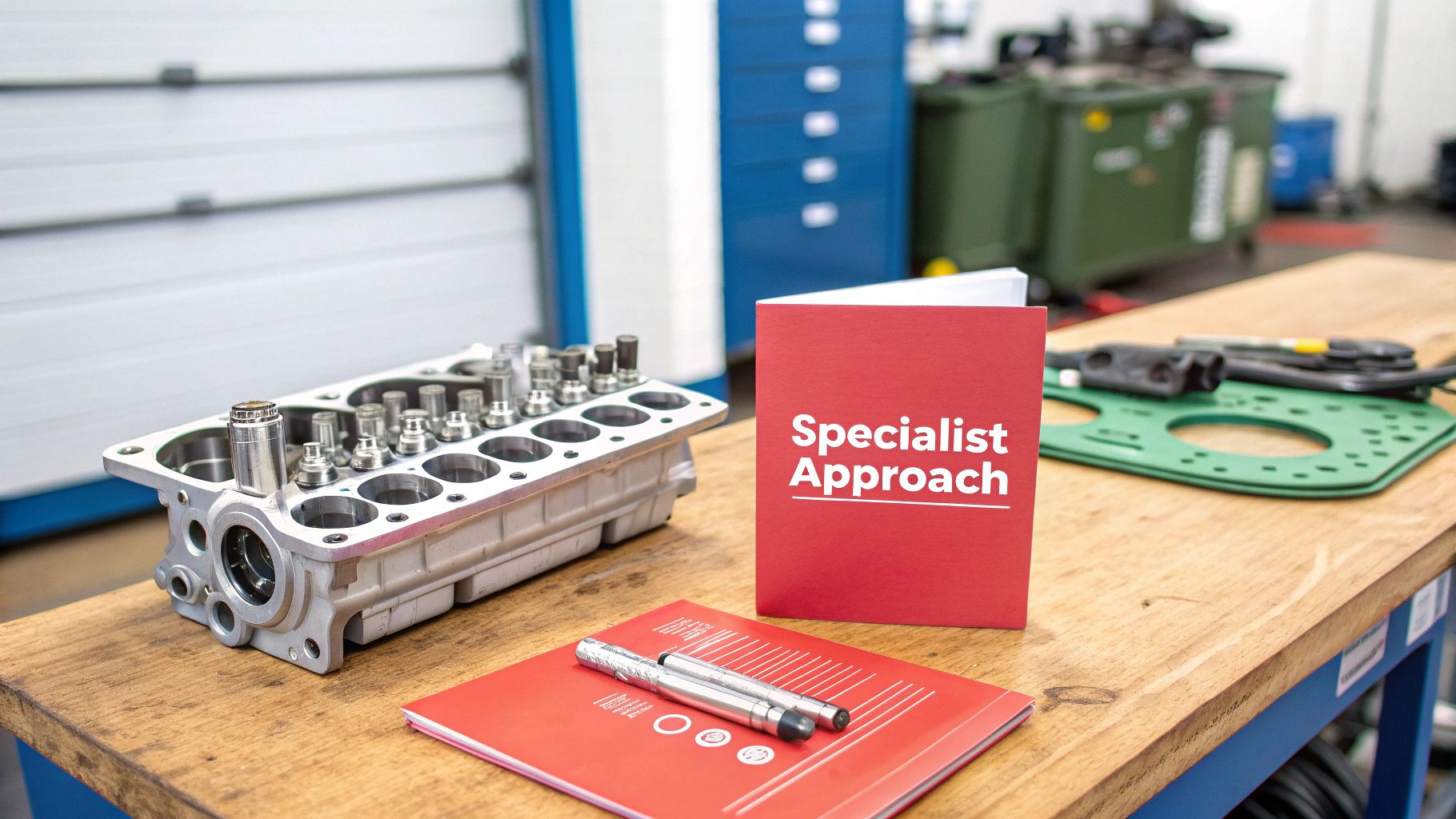 Engine cylinder head, manuals, and pen on a workbench in a workshop.