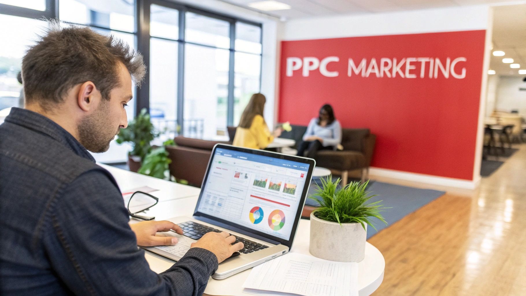 man on a laptop at a desk with PPC marketing sign in the background