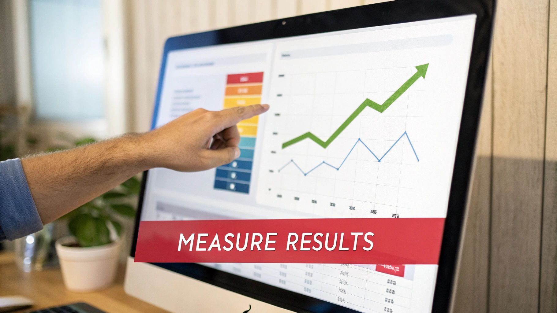 A hand pointing at a computer screen displaying charts and 