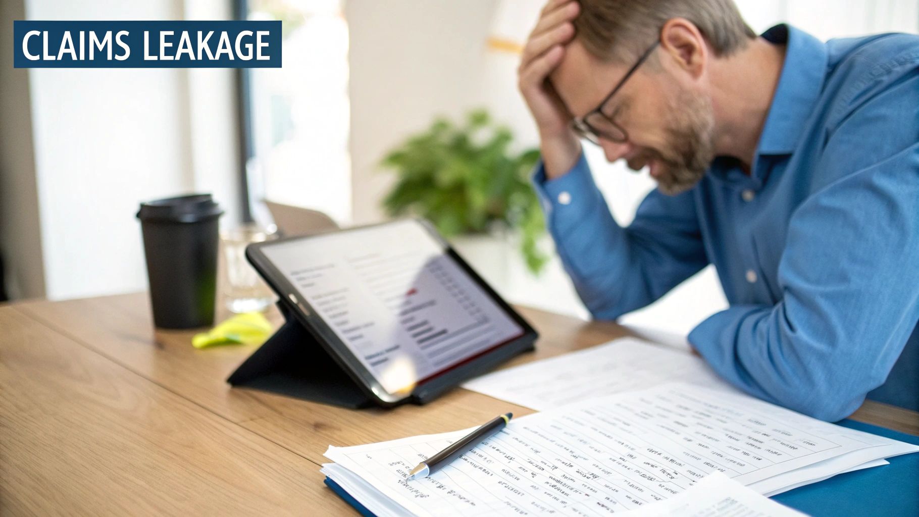 Man with head in hand, stressed at desk with tablet and papers; 