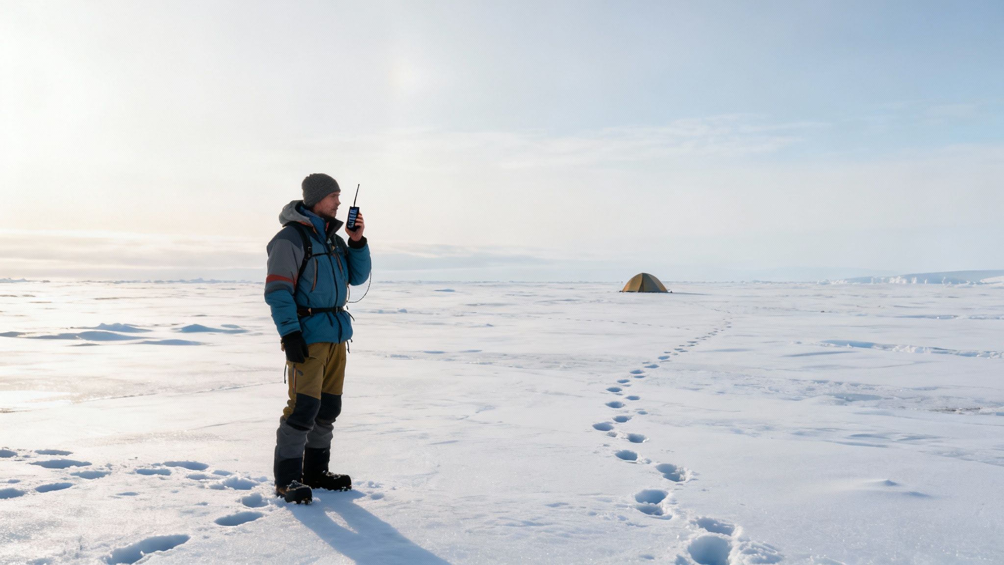 Man in winter gear using a radio on a snowy plain, tracks lead to a distant tent.