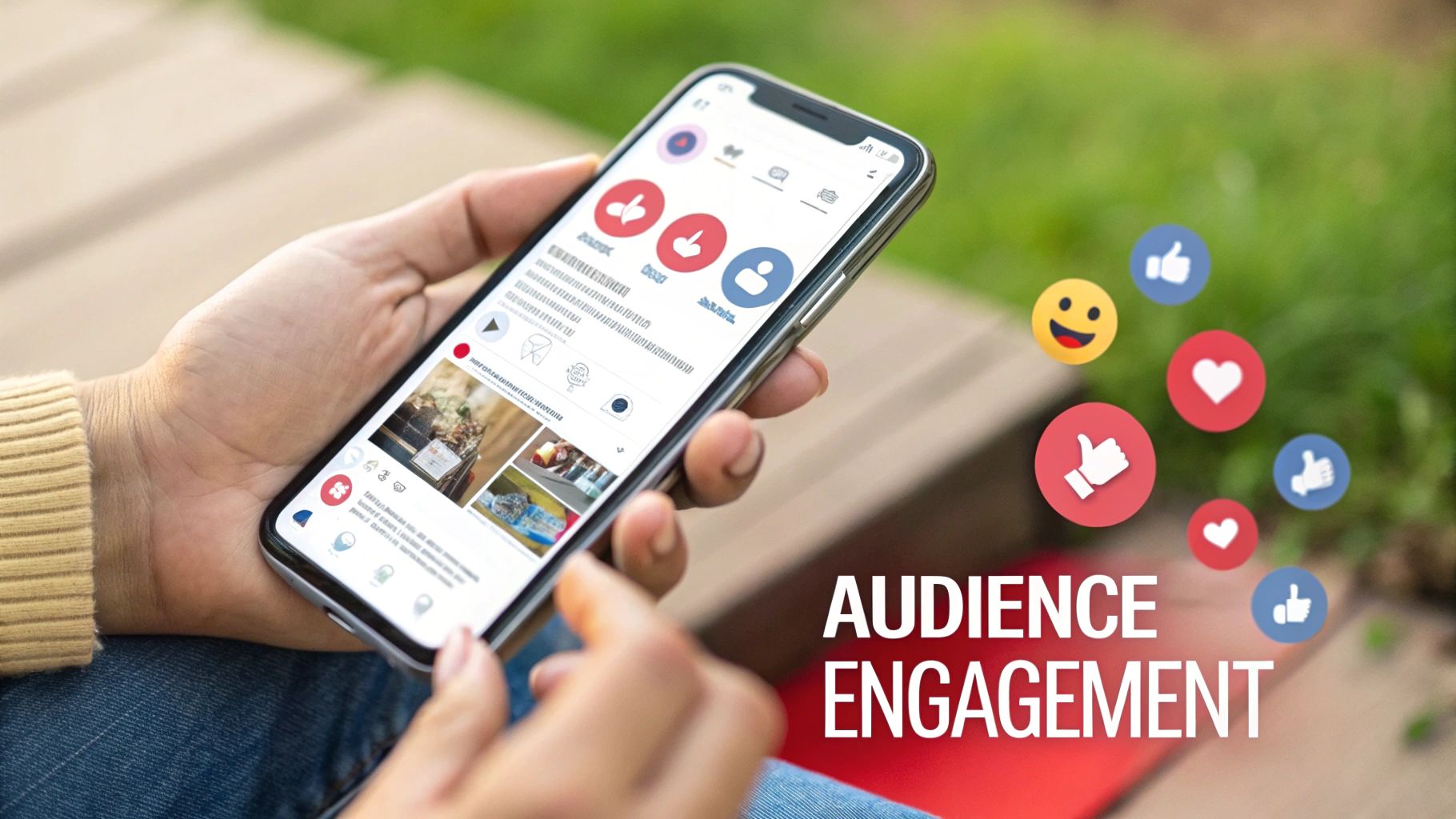 Hands holding a phone looking at a social media site  with a Audience engagement title 