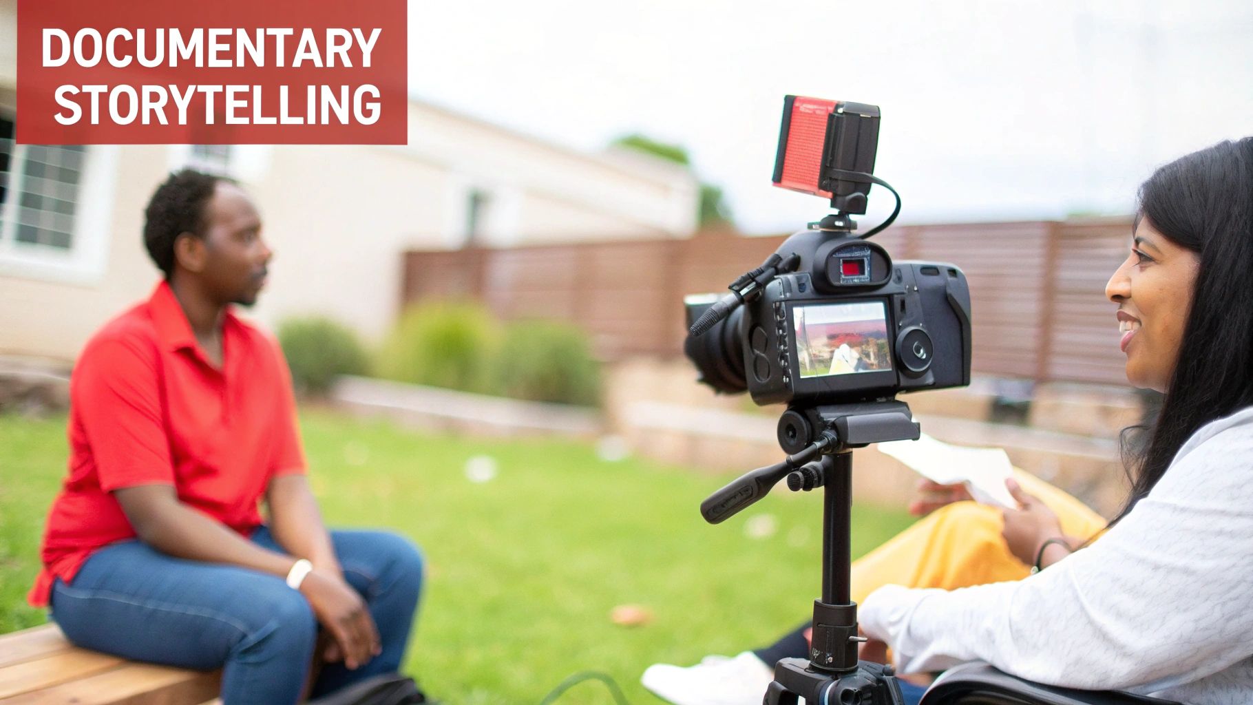 A woman films another woman outdoors for a documentary. Camera, tripod, and a red light are visible.