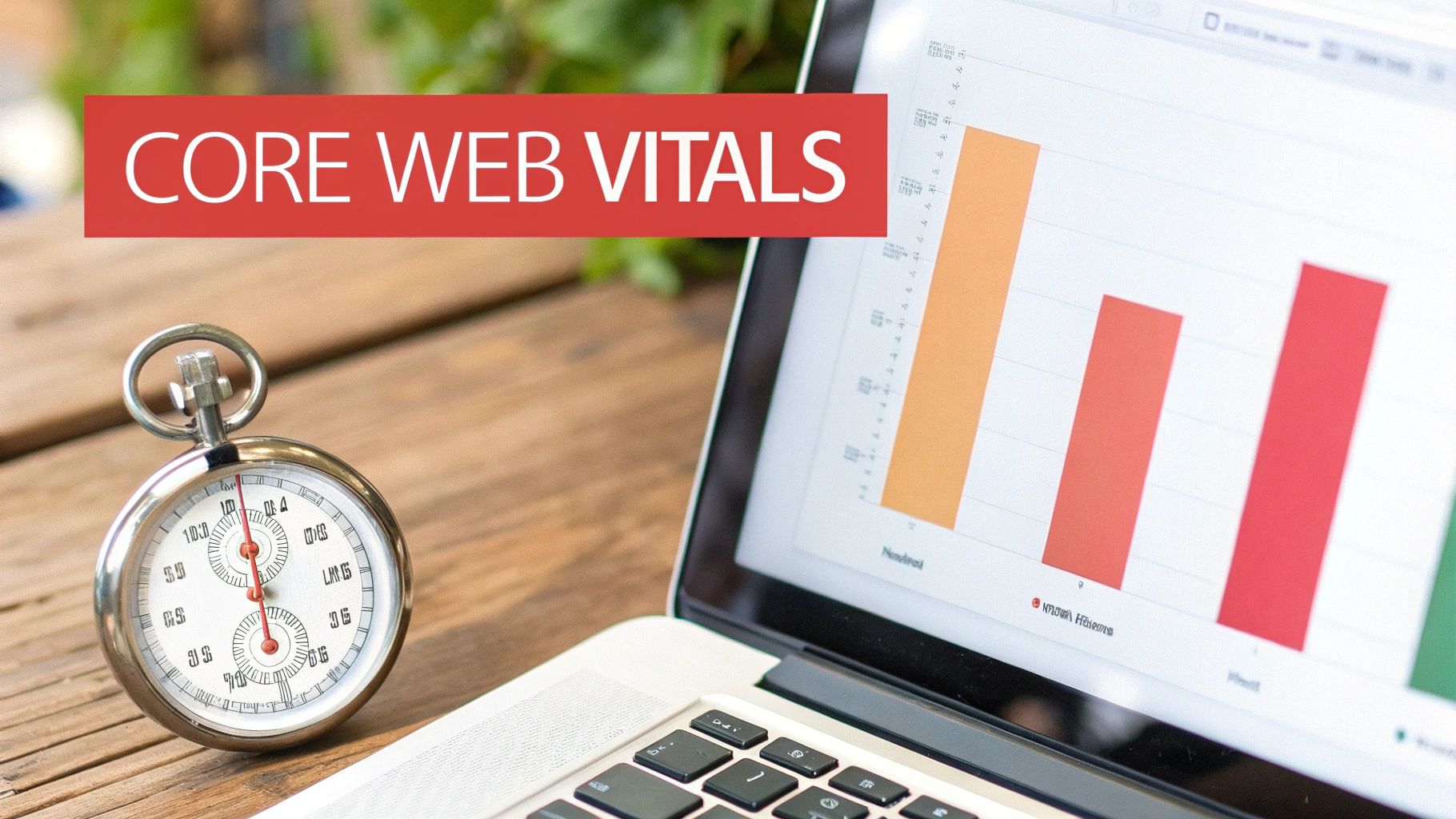 Laptop with bar graph and stopwatch, text reads 