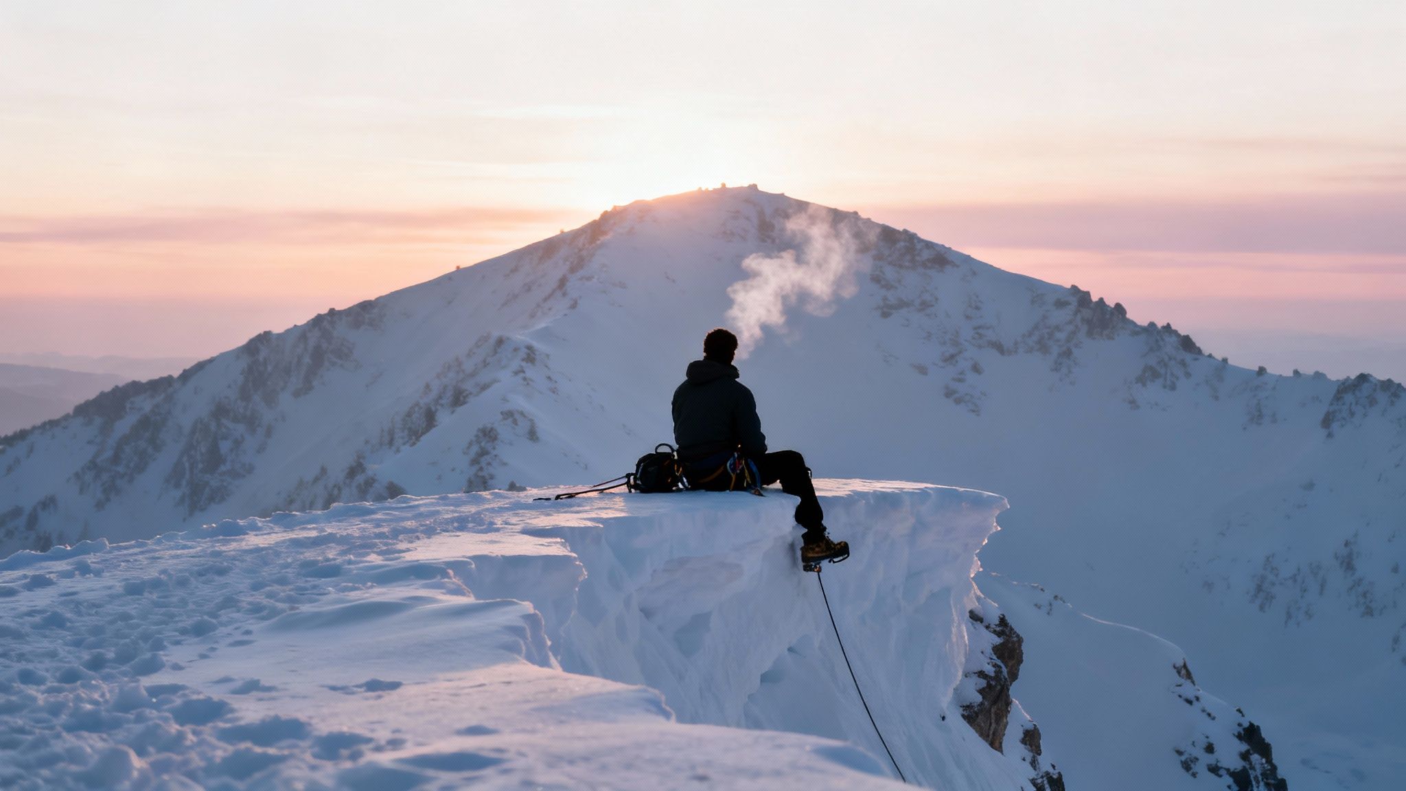 Person sitting on a snowy mountain peak, facing a pink-tinged sunset.