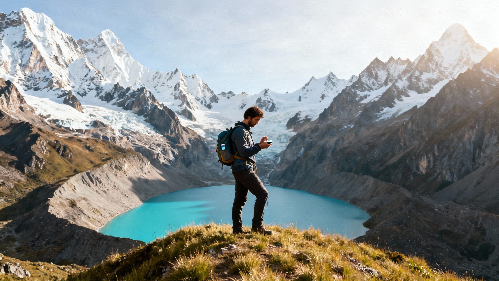 Man on mountain peak, looking at phone, overlooking turquoise lake and snow-capped mountains.
