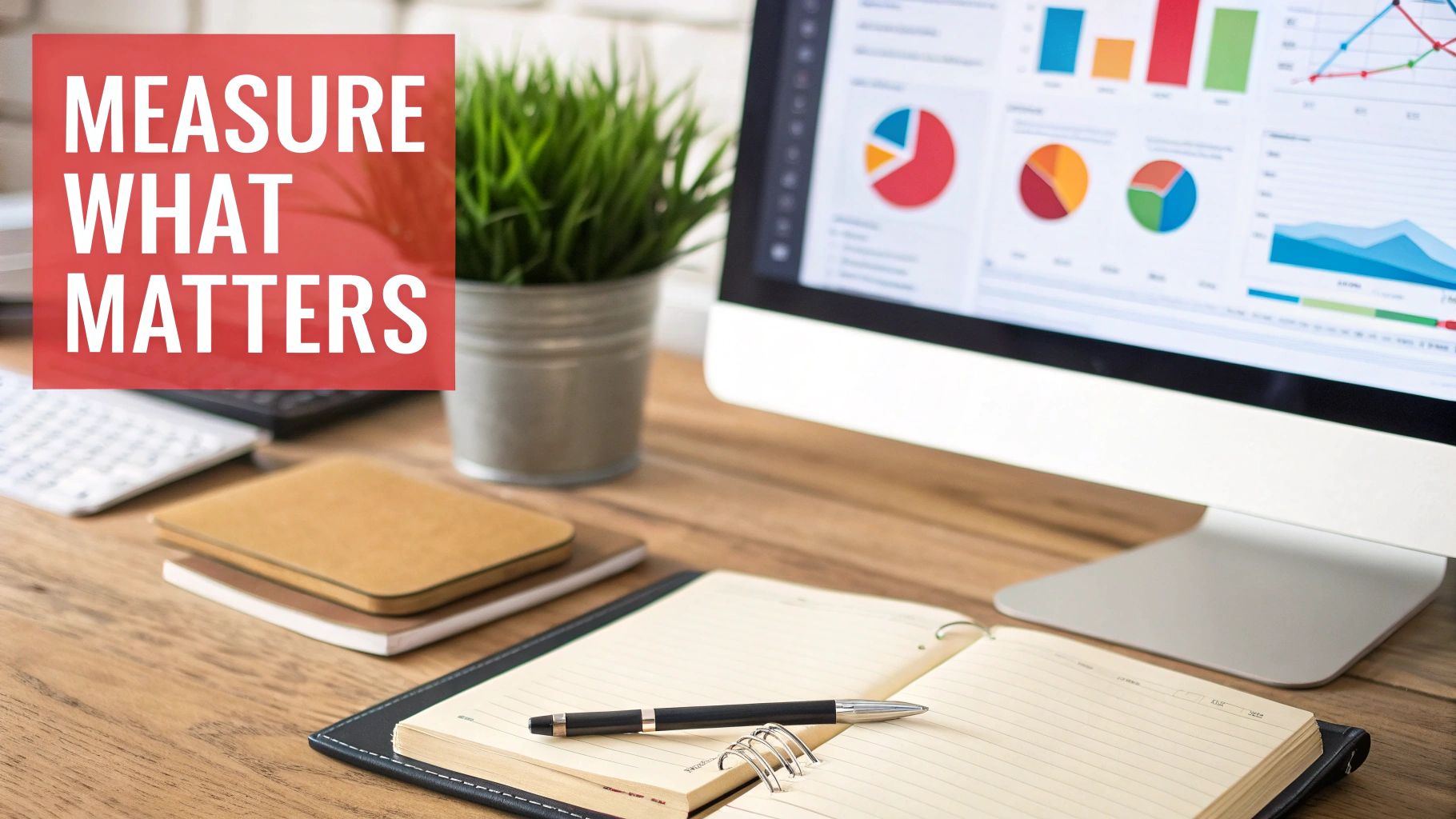 Desk with computer displaying charts, notebook, pen, and 